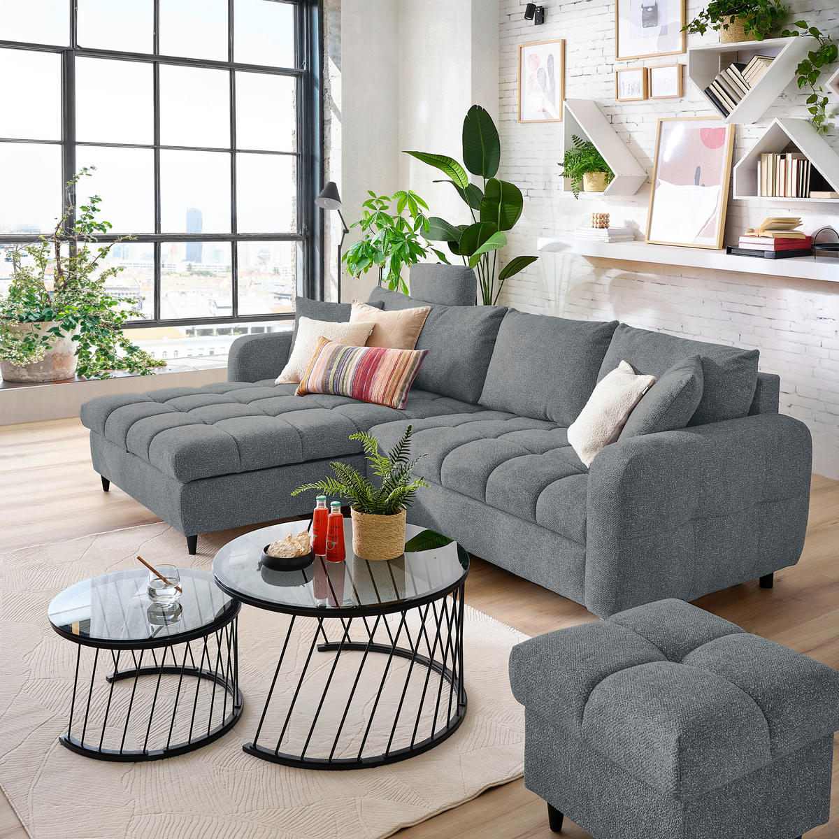 ECKSOFA inkl. Funktionen Grau, Grün Velours  - Schwarz/Grau, MODERN, Holz/Textil (282/184cm) - Lomoco