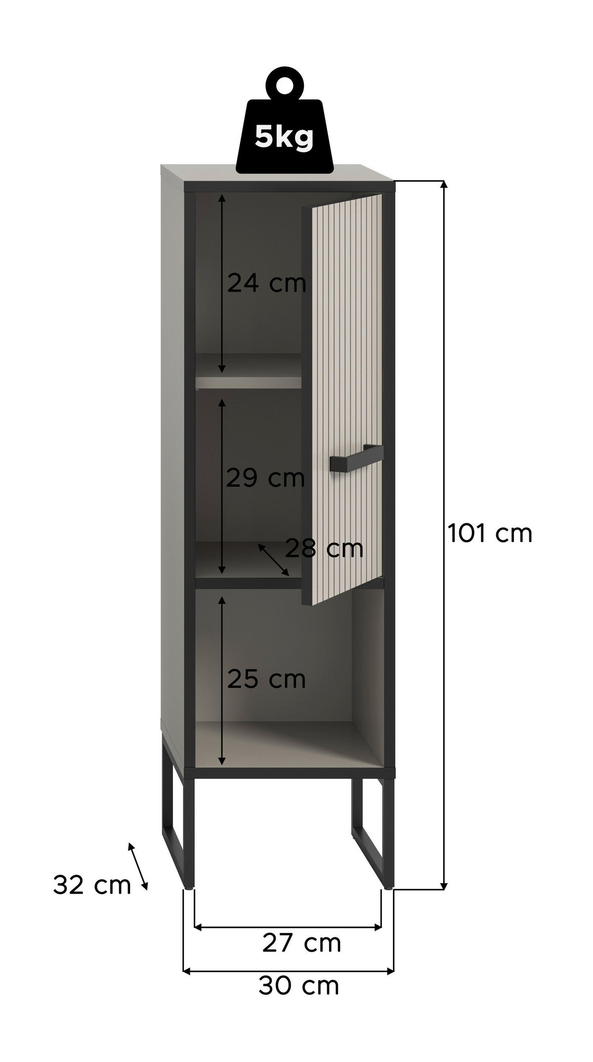 MIDISCHRANK 30/101/32 cm  - Kaschmir/Schwarz, MODERN, Holzwerkstoff/Metall (30/101/32cm) - MID.YOU