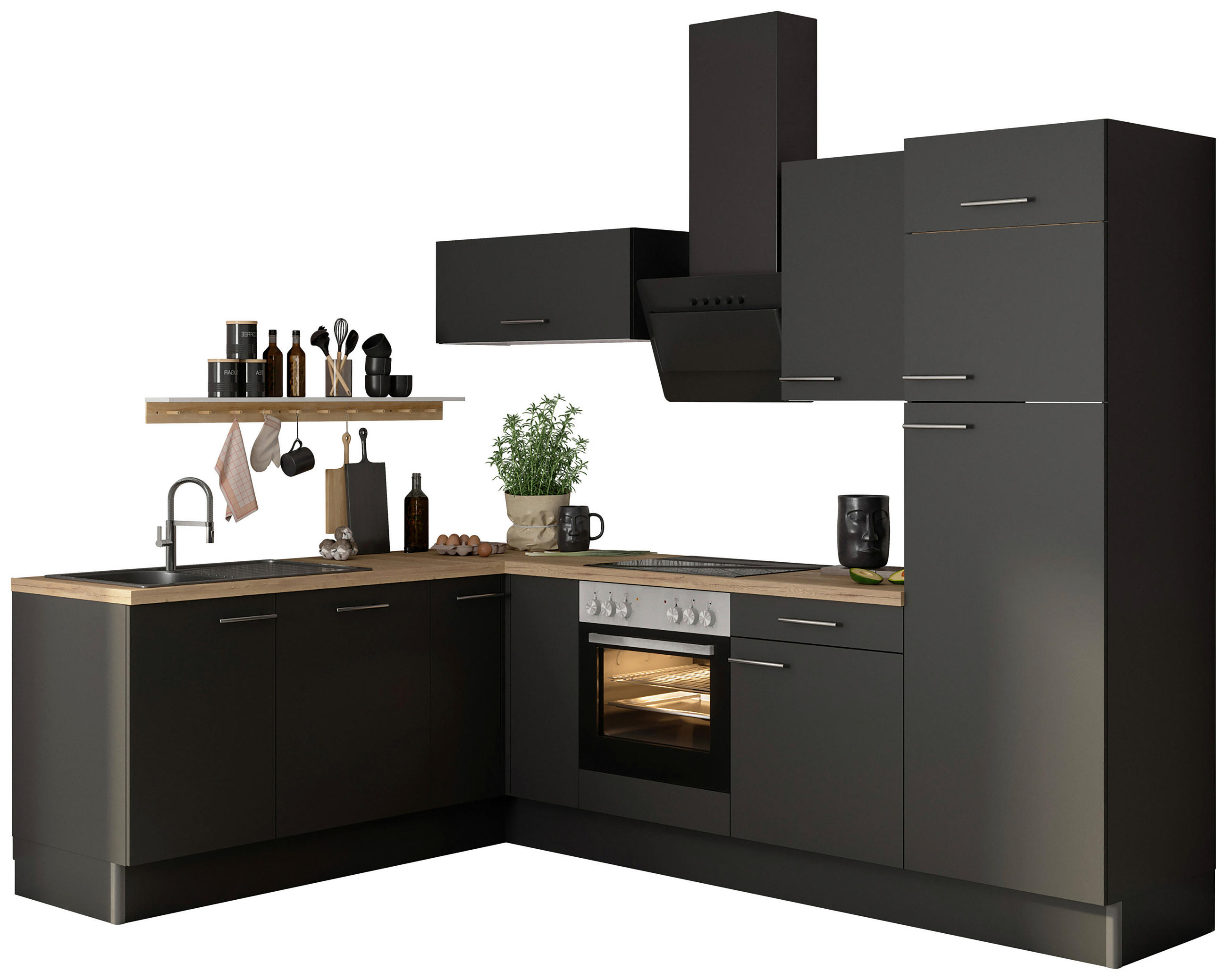 ECKKÜCHE 200/270 cm  in Anthrazit  - Edelstahlfarben/Eichefarben, Basics, Holzwerkstoff/Metall (200/270cm) - Optifit