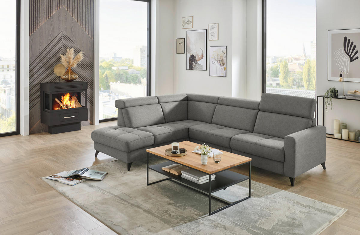 ECKSOFA Beldomo System in Flachgewebe Grau Kopfteilverstellung  214/276 cm  - Schwarz/Grau, KONVENTIONELL, Textil/Metall (214/276cm) - Beldomo System