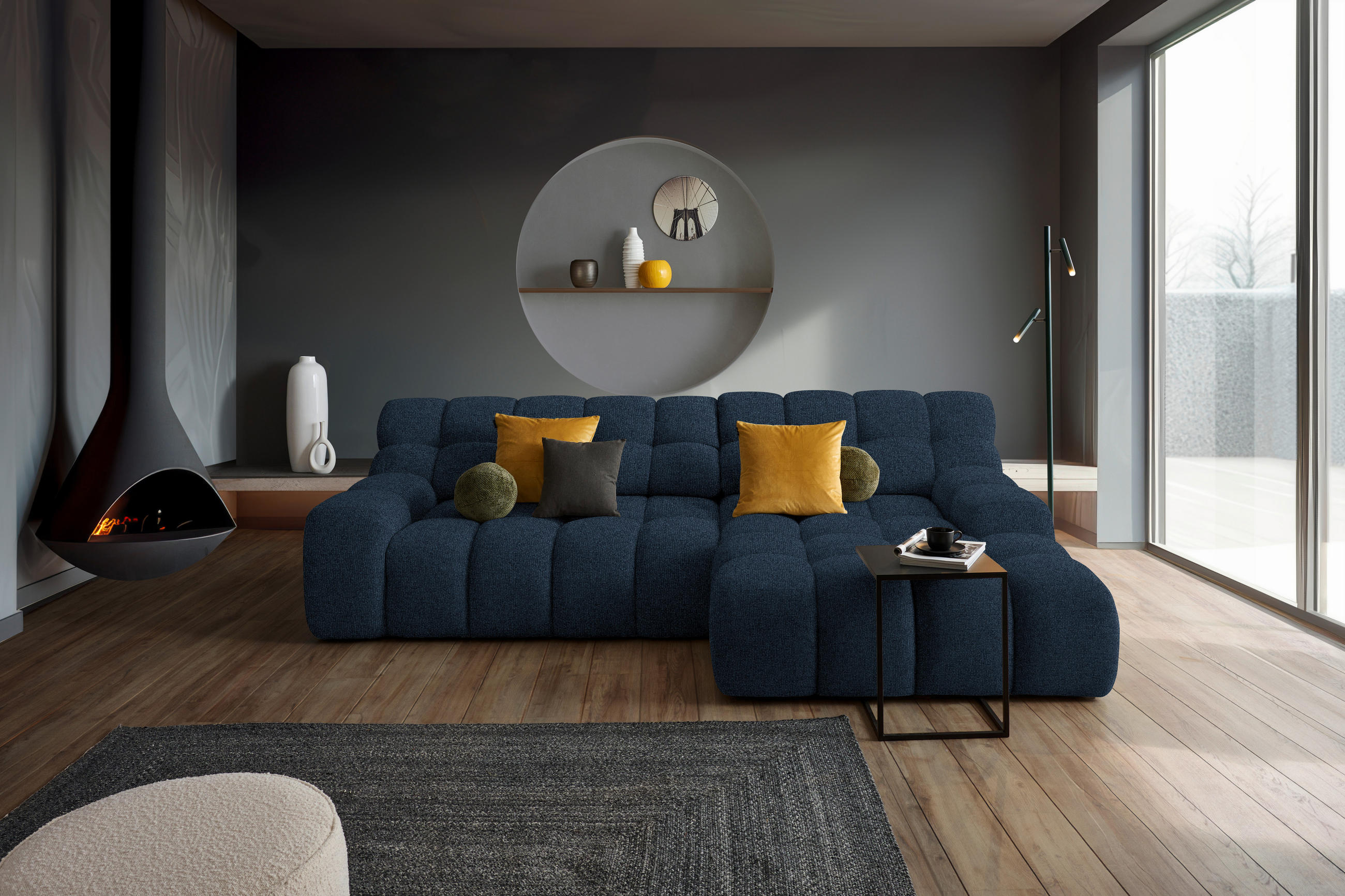 ECKSOFA in Webstoff Dunkelblau  - Schwarz/Dunkelblau, Modern, Kunststoff/Textil (297/180cm) - Welnova