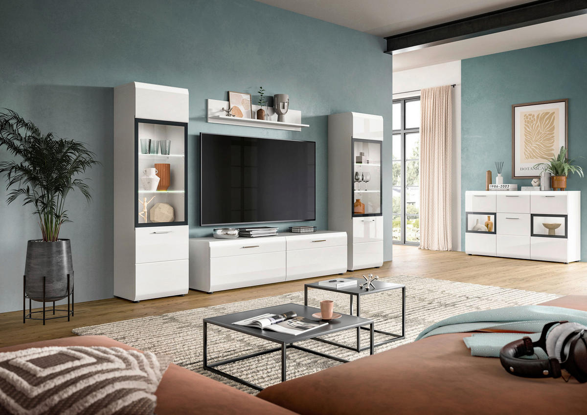 REGAL ZA DNEVNI BORAVAK bijela, bijela visoki sjaj   - bijela/srebrne boje, Design, staklo/drvni materijal (220/160/41cm) - Livetastic