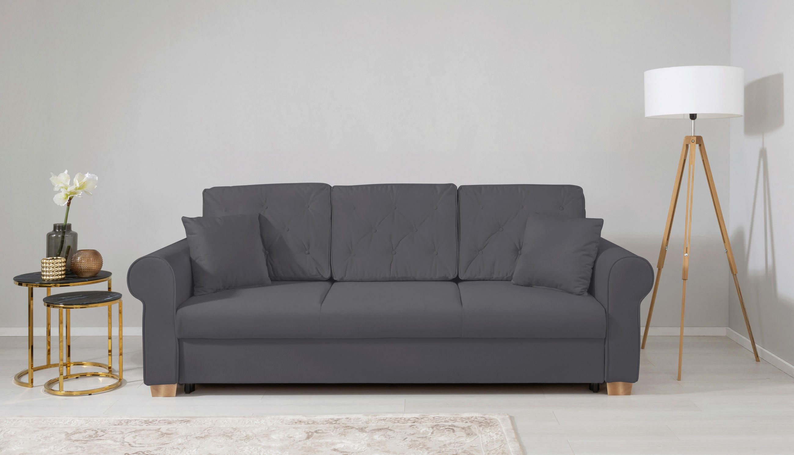 SCHLAFSOFA Arles  mit Bettkasten erhältlich, Liegefunktion, Rücken echt, Armteil links, Armteil rechts Dunkelgrau  - Dunkelgrau/Buchefarben, Design, Holz/Textil (240/94/98cm) - MID.YOU