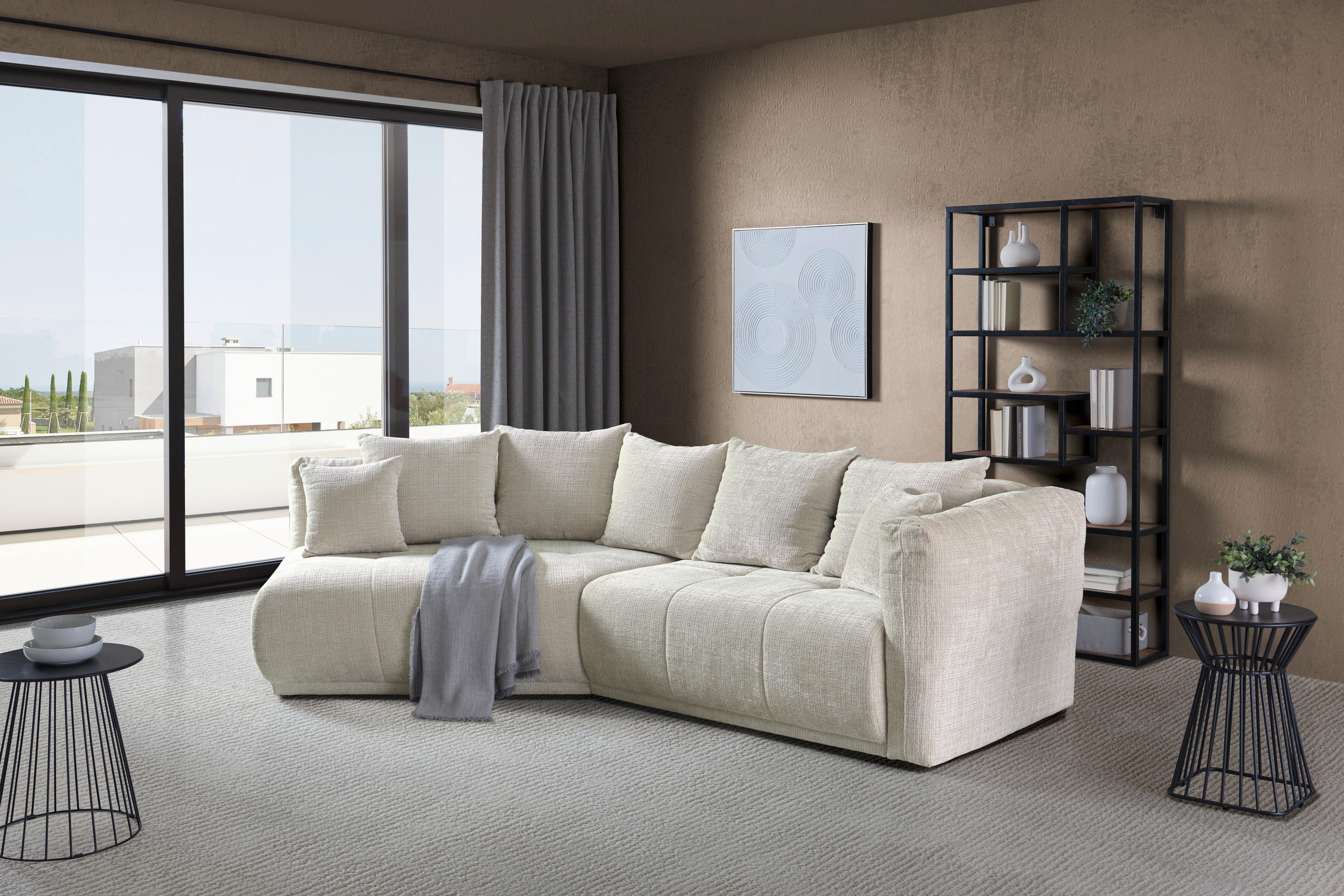 ECKSOFA in Chenille Creme  - Creme/Schwarz, Modern, Kunststoff/Textil (180/315cm) - Hom`in
