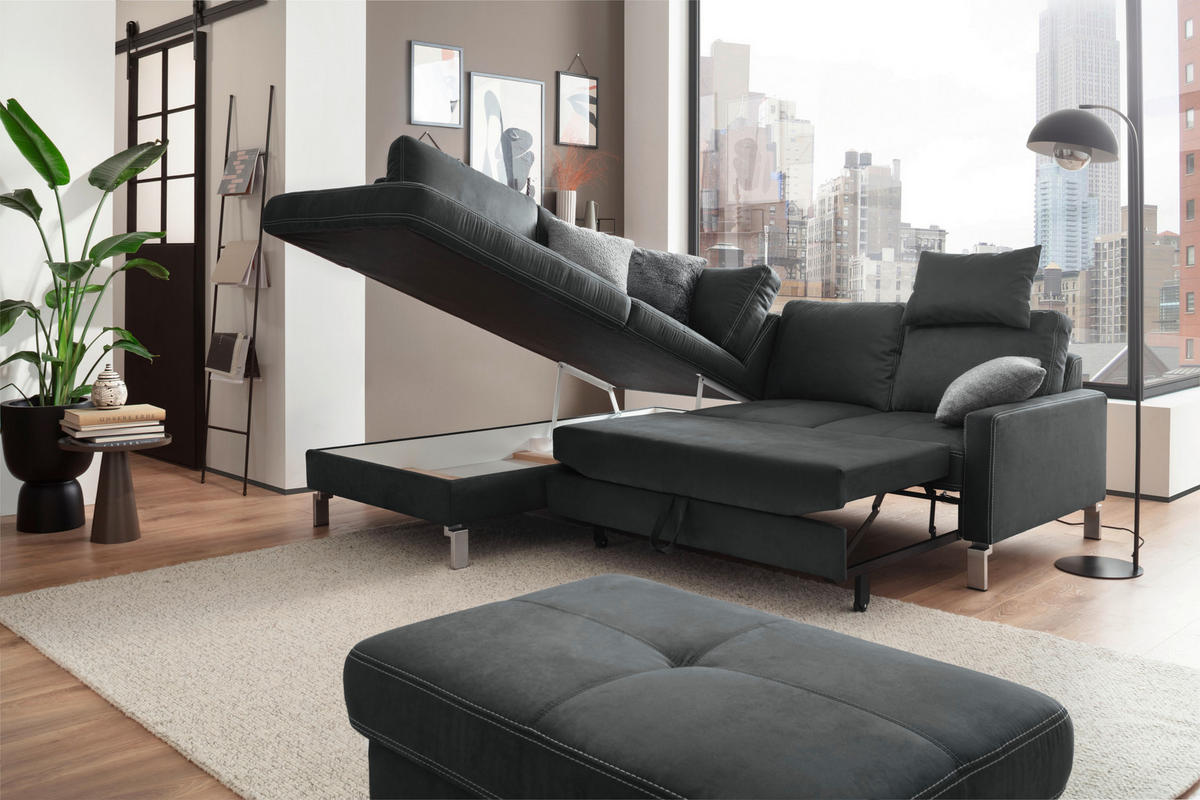 ECKSOFA in Mikrofaser Dunkelgrau  - Chromfarben/Dunkelgrau, Design, Textil/Metall (200/229cm) - Pure Home Lifestyle