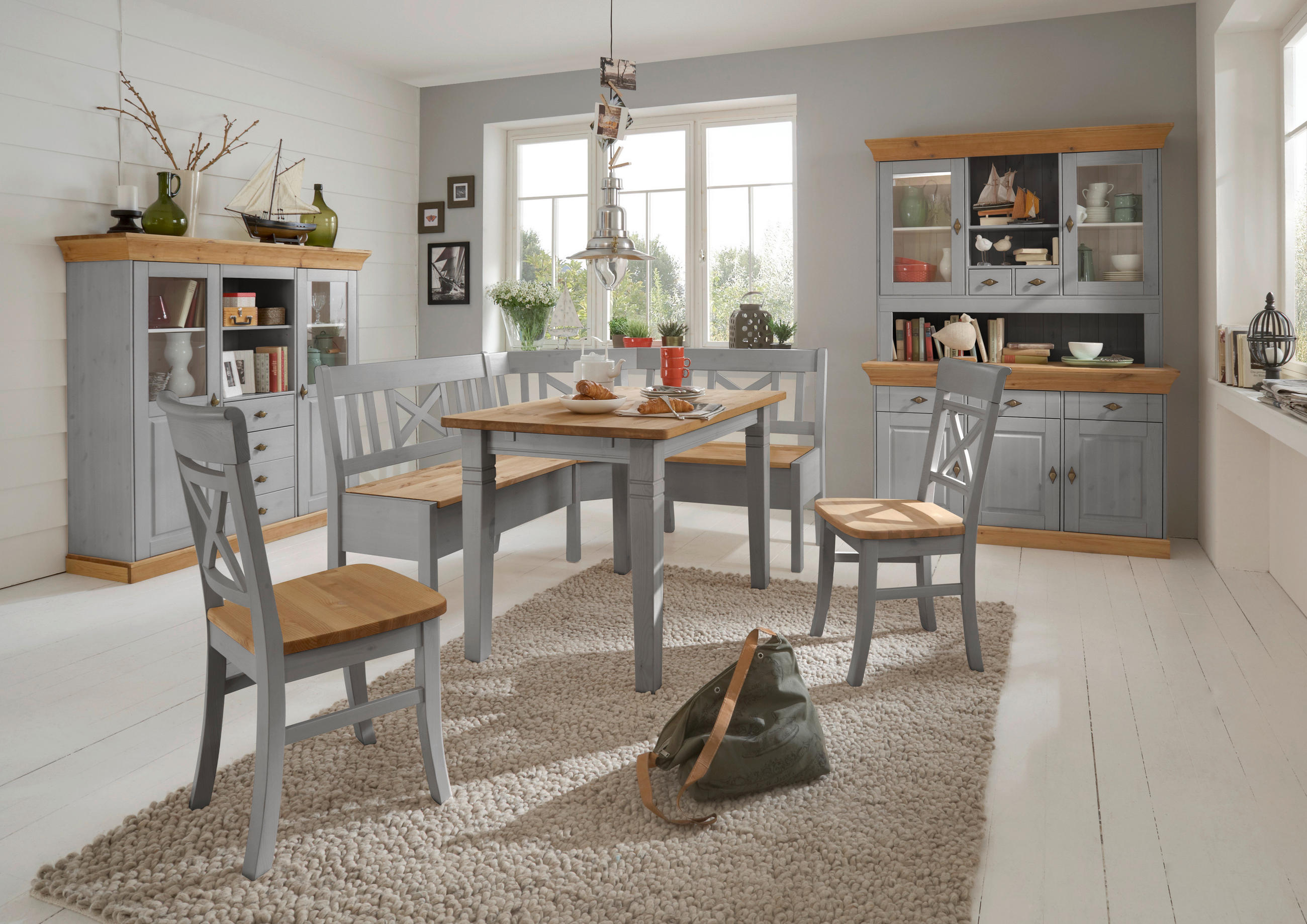 BUFFET 143/197/45 cm in Grau, Laugenfarbig - Laugenfarbig/Grau, ROMANTIK / LANDHAUS, Glas/Holz (143/197/45cm) - Boxxx