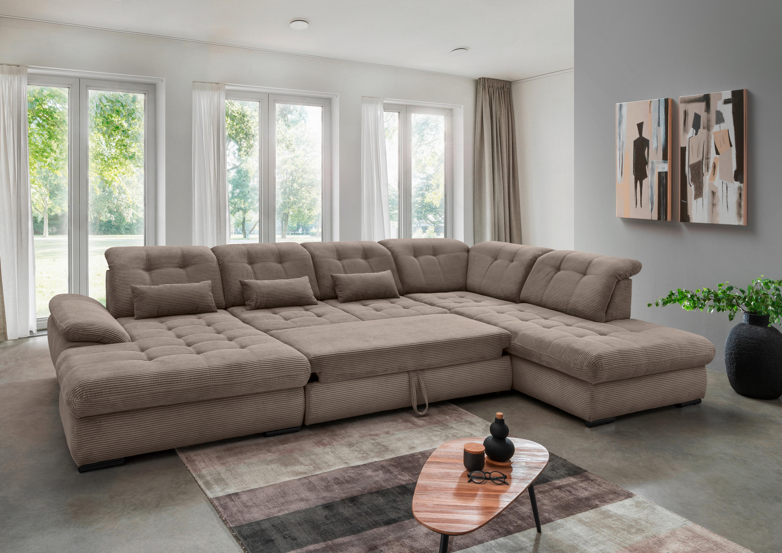 WOHNLANDSCHAFT in Cord Graubraun - Graubraun/Schwarz, Modern, Textil/Metall (184/387/252cm) - Livetastic