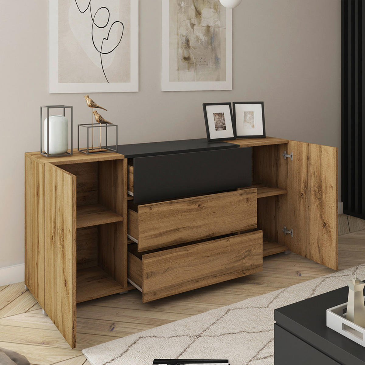 KOMODA, črna, hrast wotan  - hrast wotan/siva, Design, umetna masa/leseni material (150/68/38,5cm) - MID.YOU