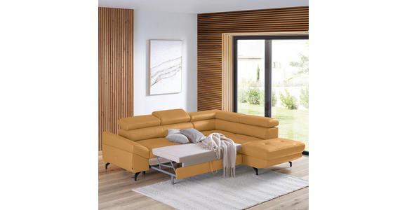 ECKSOFA Senfgelb Echtleder - Senfgelb/Schwarz, Design, Leder/Metall (270/220cm) - Novel