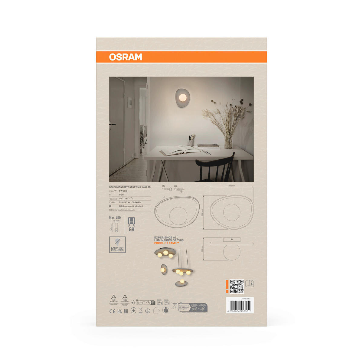 WANDLEUCHTE 20/13.5/26 cm   - Grau, Basics, Glas/Stein (20/13.5/26cm) - Osram