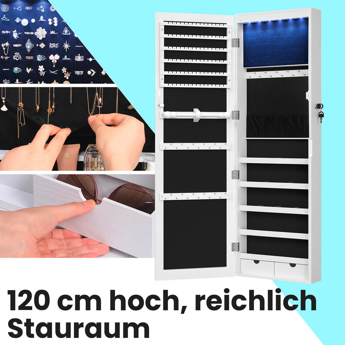 SCHMUCKSCHRANK - Weiß, Basics, Holzwerkstoff/Metall (37/110/10cm)