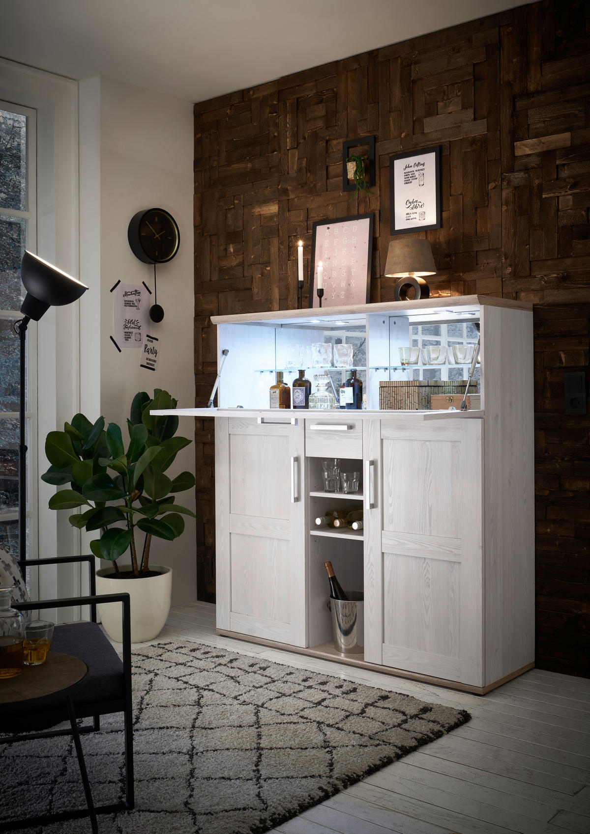 BAR Braun, Weiß  - Anthrazit/Silberfarben, Design, Glas/Holzwerkstoff (128/137/42cm) - Xora