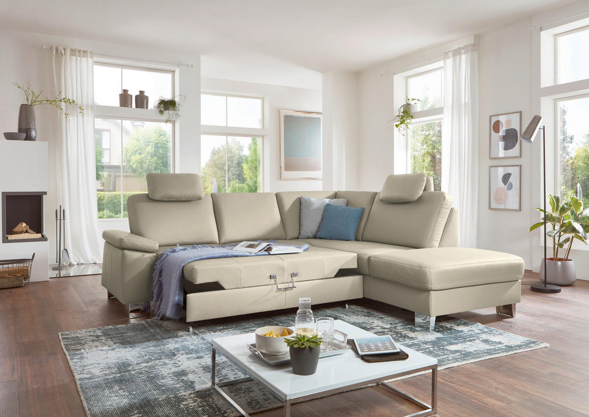 ECKSOFA  in Echtleder Ecru  248/235 cm  - Ecru/Alufarben, Design, Leder/Metall (248/235cm) - Beldomo Premium