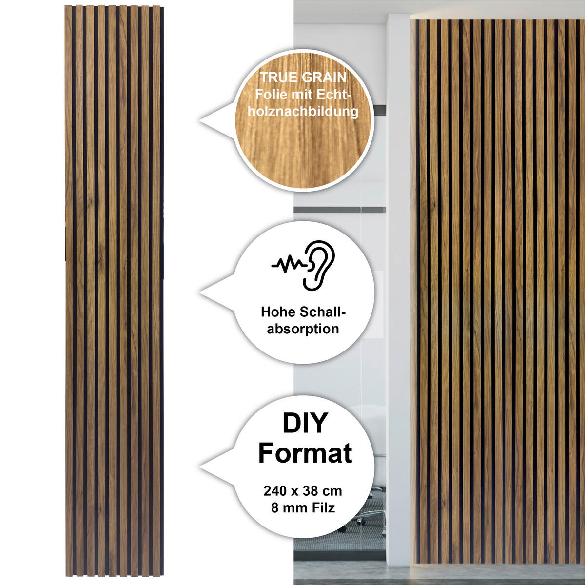 AKUSTIKPANEEL Economico  - Eichefarben, Basics, Holzwerkstoff/Kunststoff (240/38/1,65cm)
