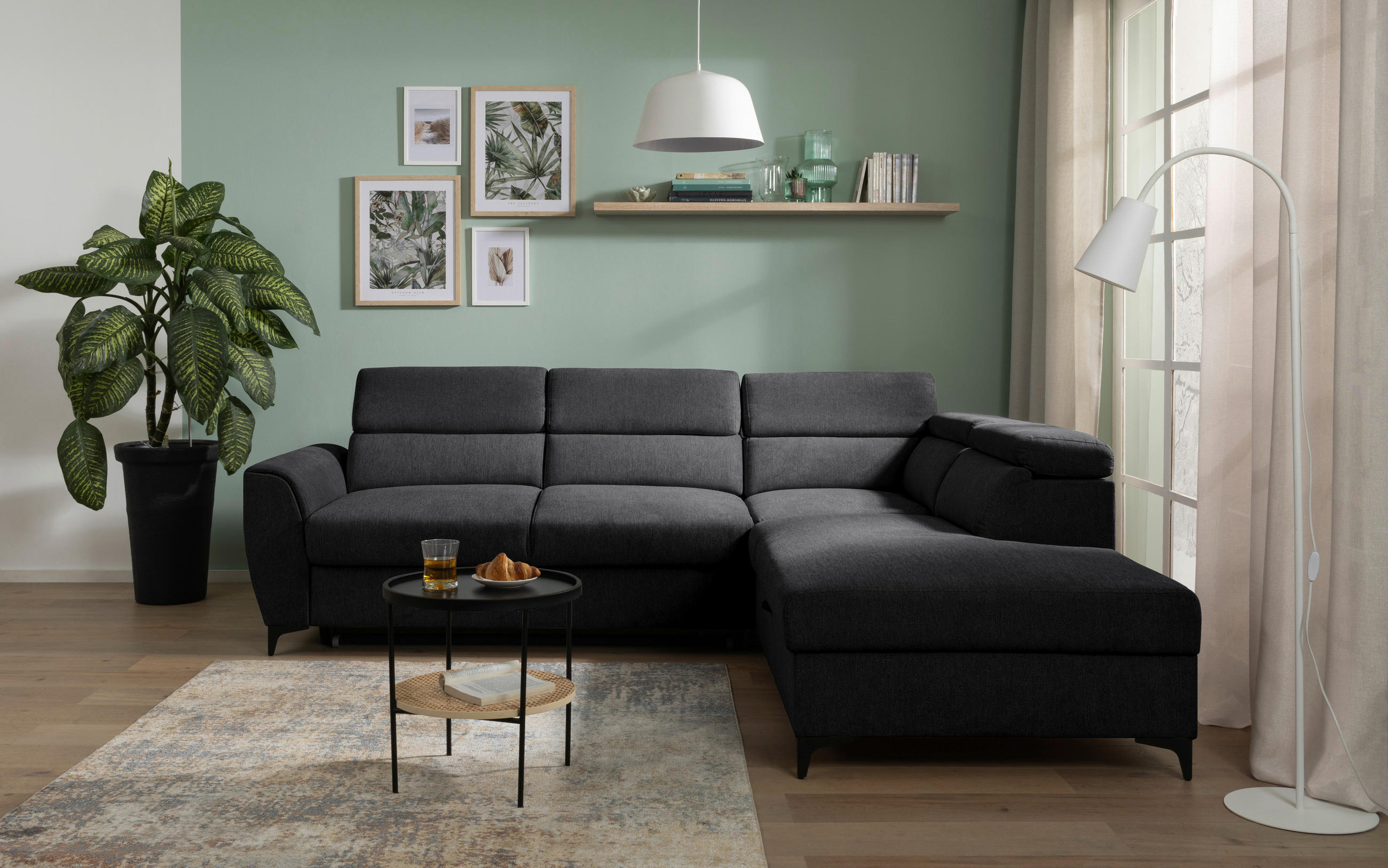 ECKSOFA Schwarz Velours  - Schwarz, KONVENTIONELL, Textil/Metall (255/217cm) - Carryhome