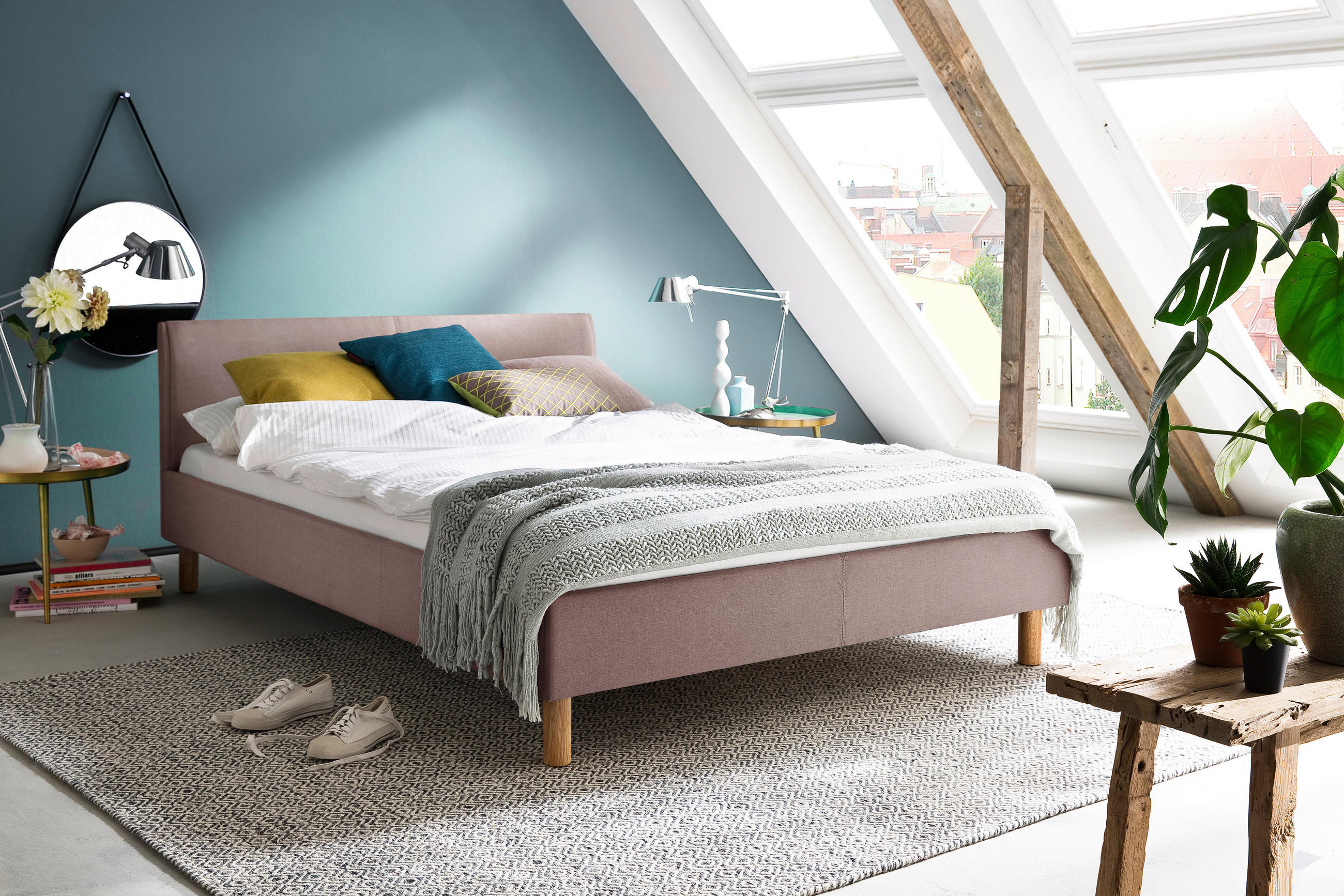PAT TAPIȚAT 120/200 cm  in roz antic  - roz antic/culoare lemn stejar, Design, lemn/textil (120/200cm) - Livetastic