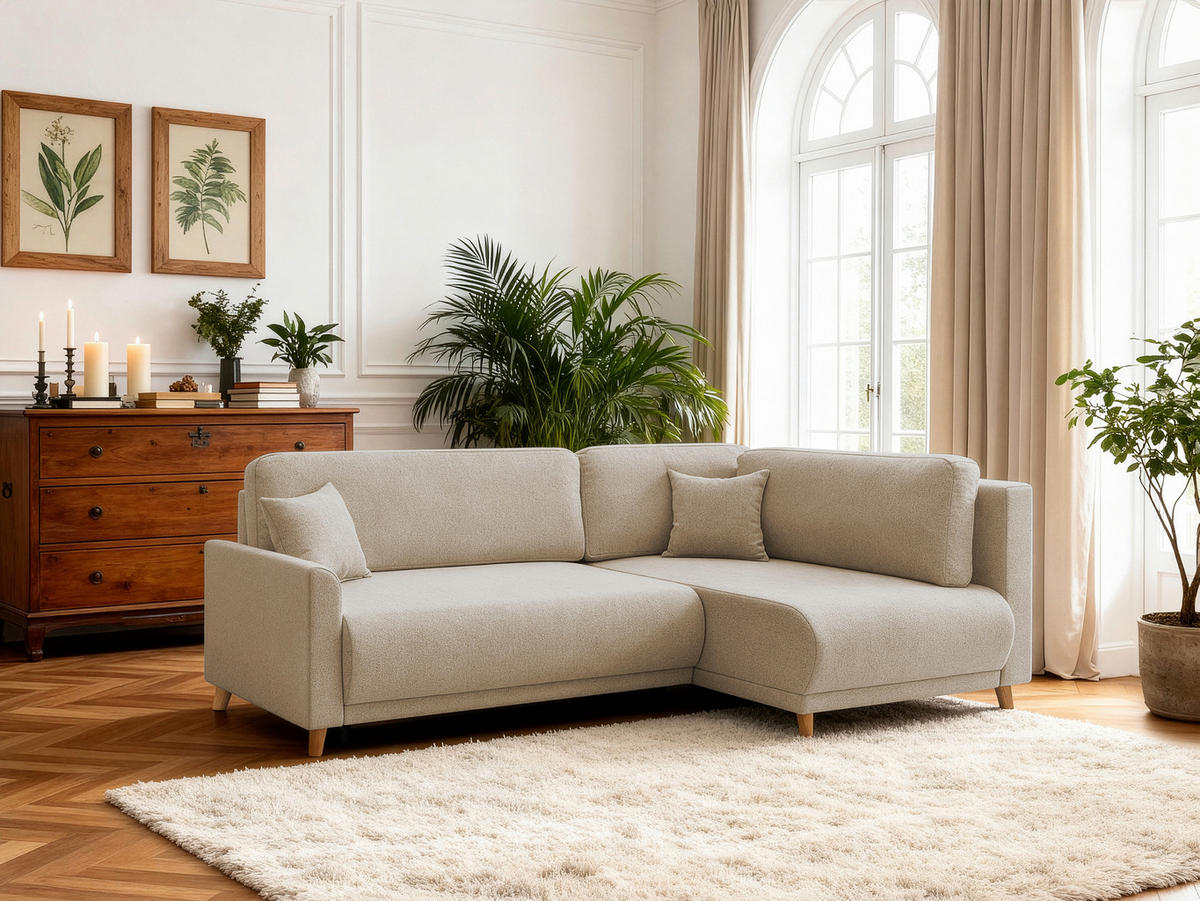 ECKSOFA MILOS Beige Flachgewebe, Struktur Rückenkissen, Bettkasten, Schlaffunktion, Rücken echt  - Beige/Naturfarben, Design, Textil (224/148cm) - P & B