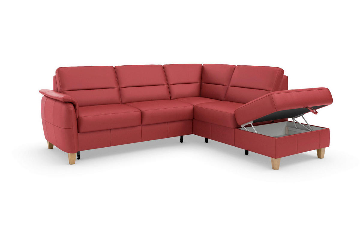ECKSOFA PALMERA E Rot Kombination Echtleder/Stoff Mikrofaser Stauraum  - Eichefarben/Rot, Basics, Leder/Holz (236/212cm) - Sit & More