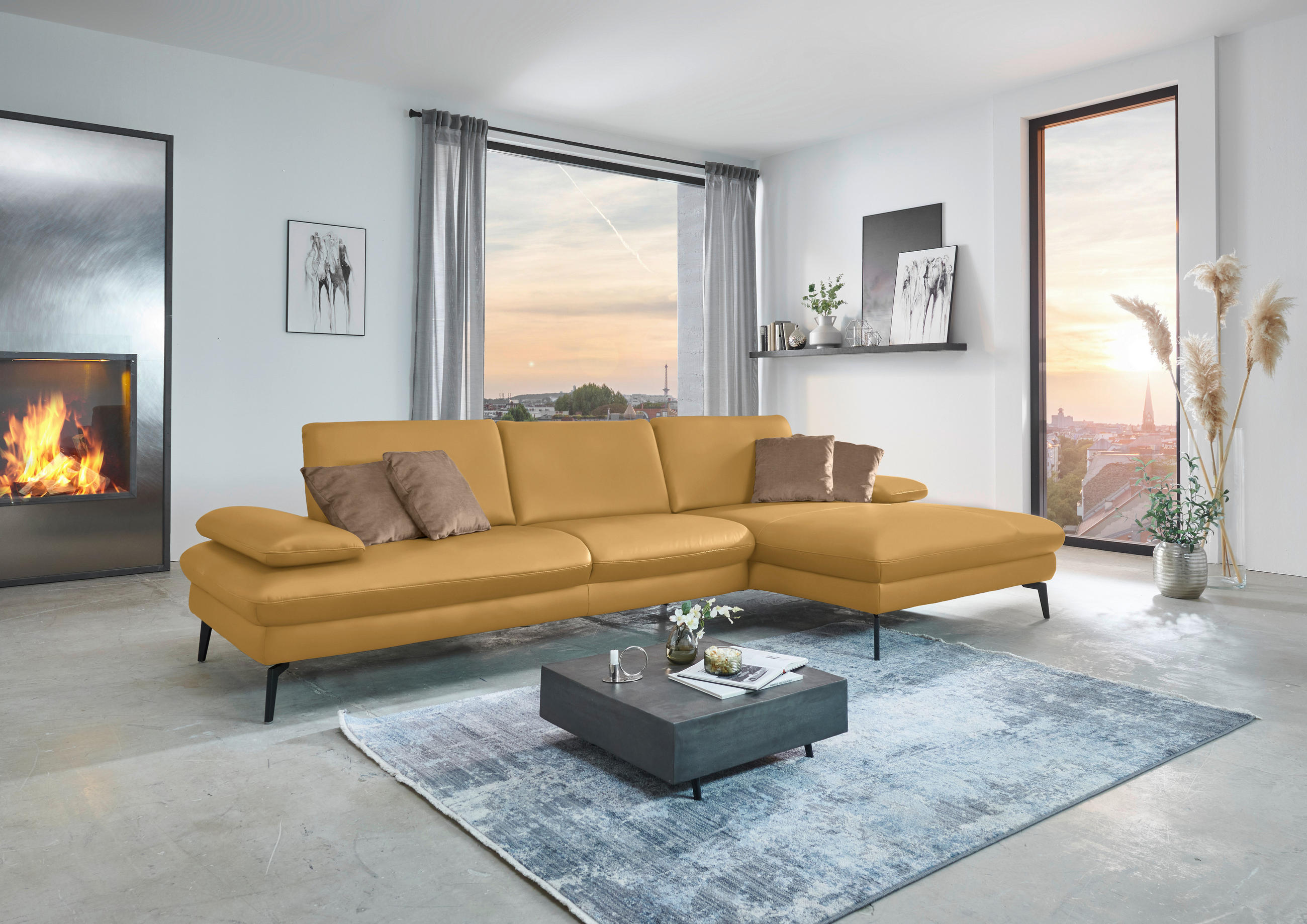 ECKSOFA in Echtleder Gelb  - Gelb/Schwarz, Design, Leder/Metall (325/157cm) - Dieter Knoll