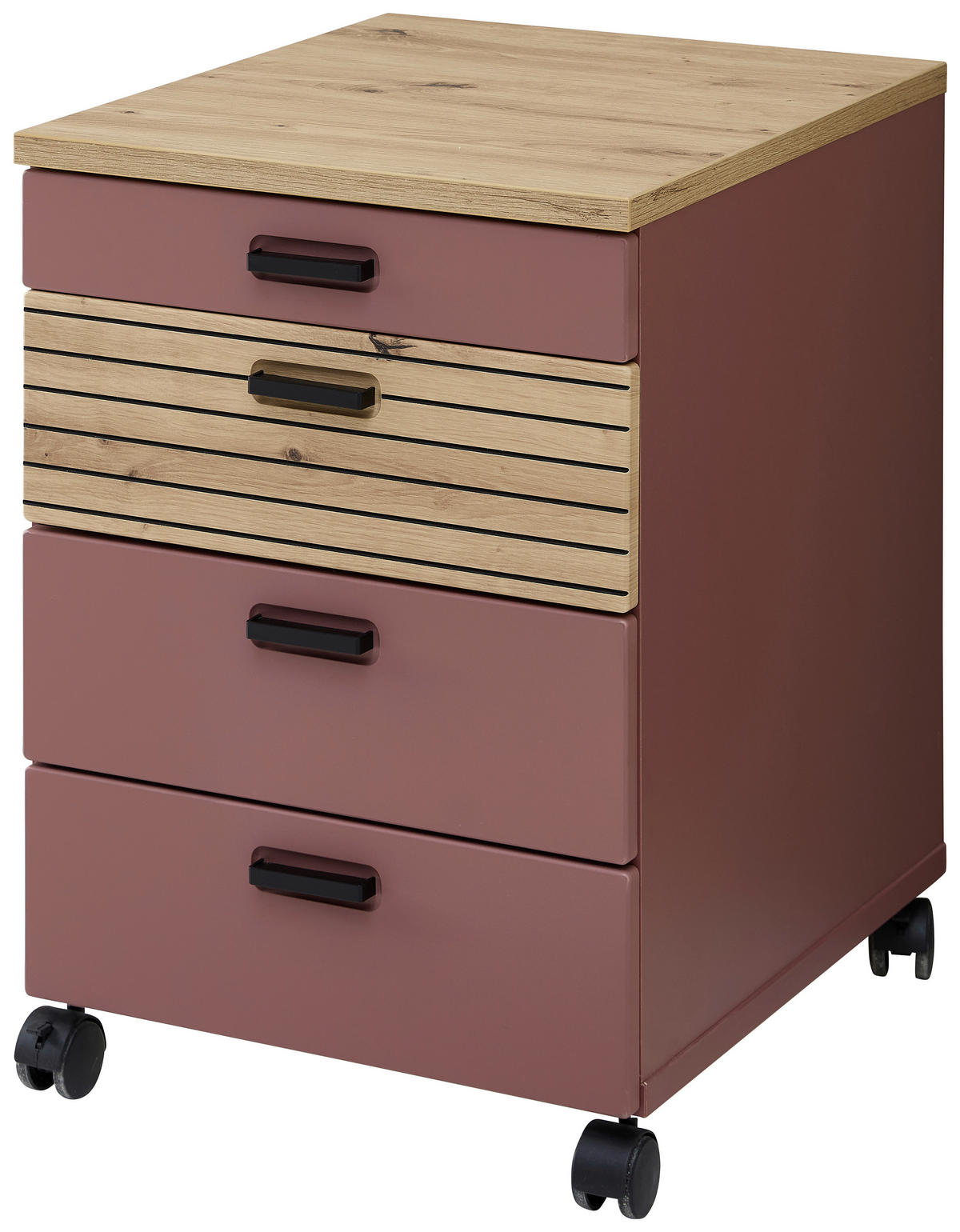 ROLLCONTAINER Rot, Eiche Artisan  - Rot/Schwarz, KONVENTIONELL, Holzwerkstoff/Kunststoff (45/66/55cm) - Stylife