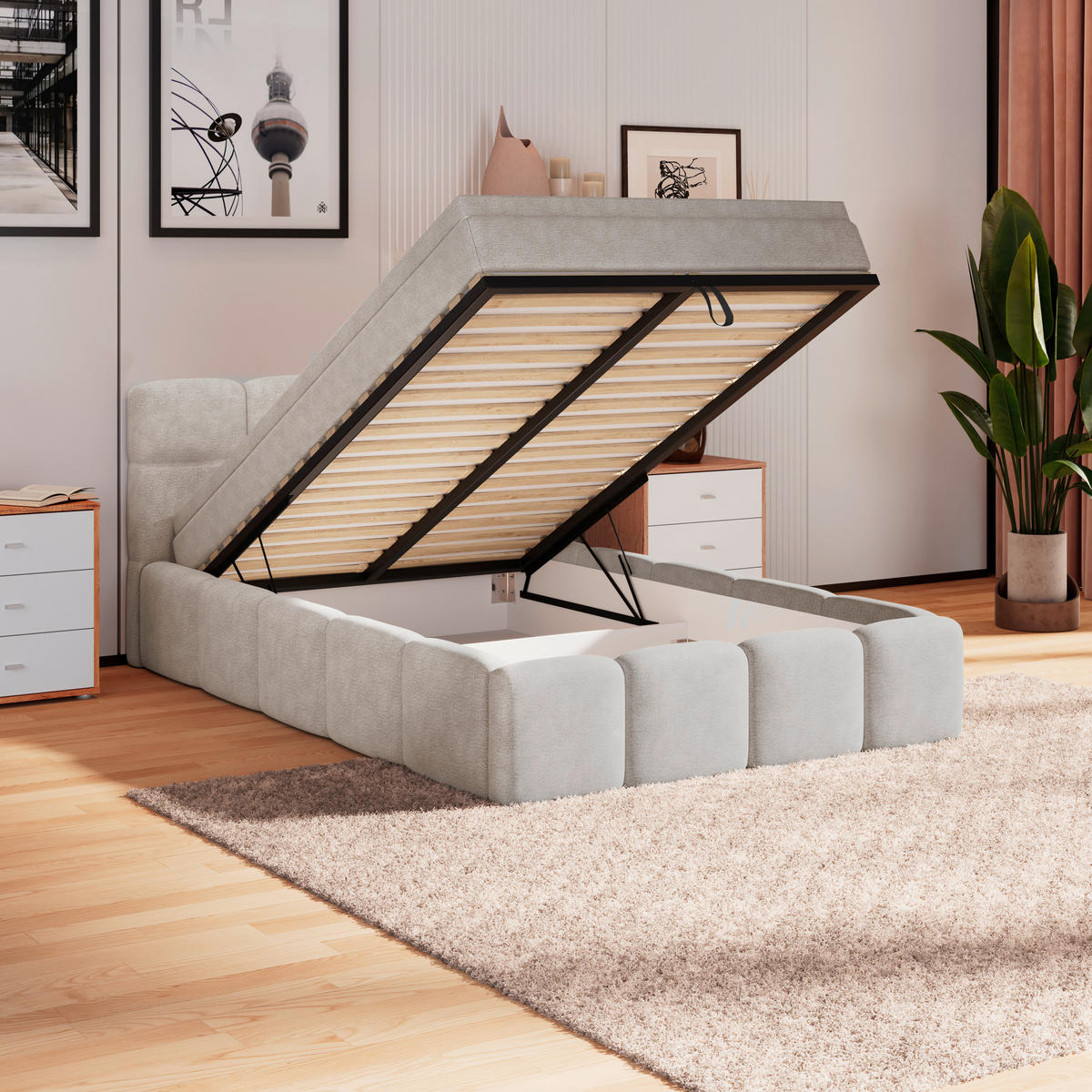 POLSTERBETT 140/200 cm,  in Creme, Matratze, Bettkasten, H3 = fest  - Creme/Schwarz, Trend, Kunststoff/Textil (140/200cm)