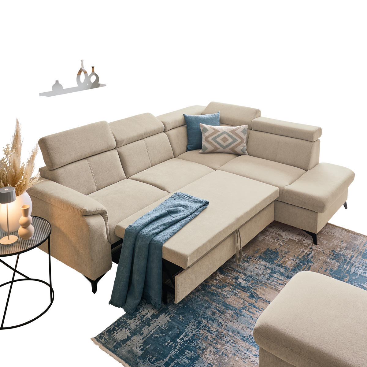 Ecksofa inkl. Funktionen in Chenille Naturfarben  - Schwarz/Naturfarben, Design, Textil/Metall (260/203cm) - Stylife