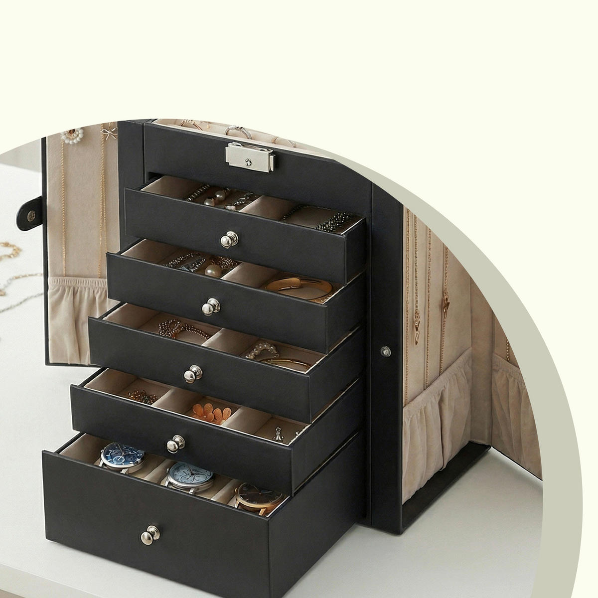 SCHMUCKKÄSTCHEN - Beige/Schwarz, Trend, Leder/Holzwerkstoff (26/32/15,6cm) - Boxxx