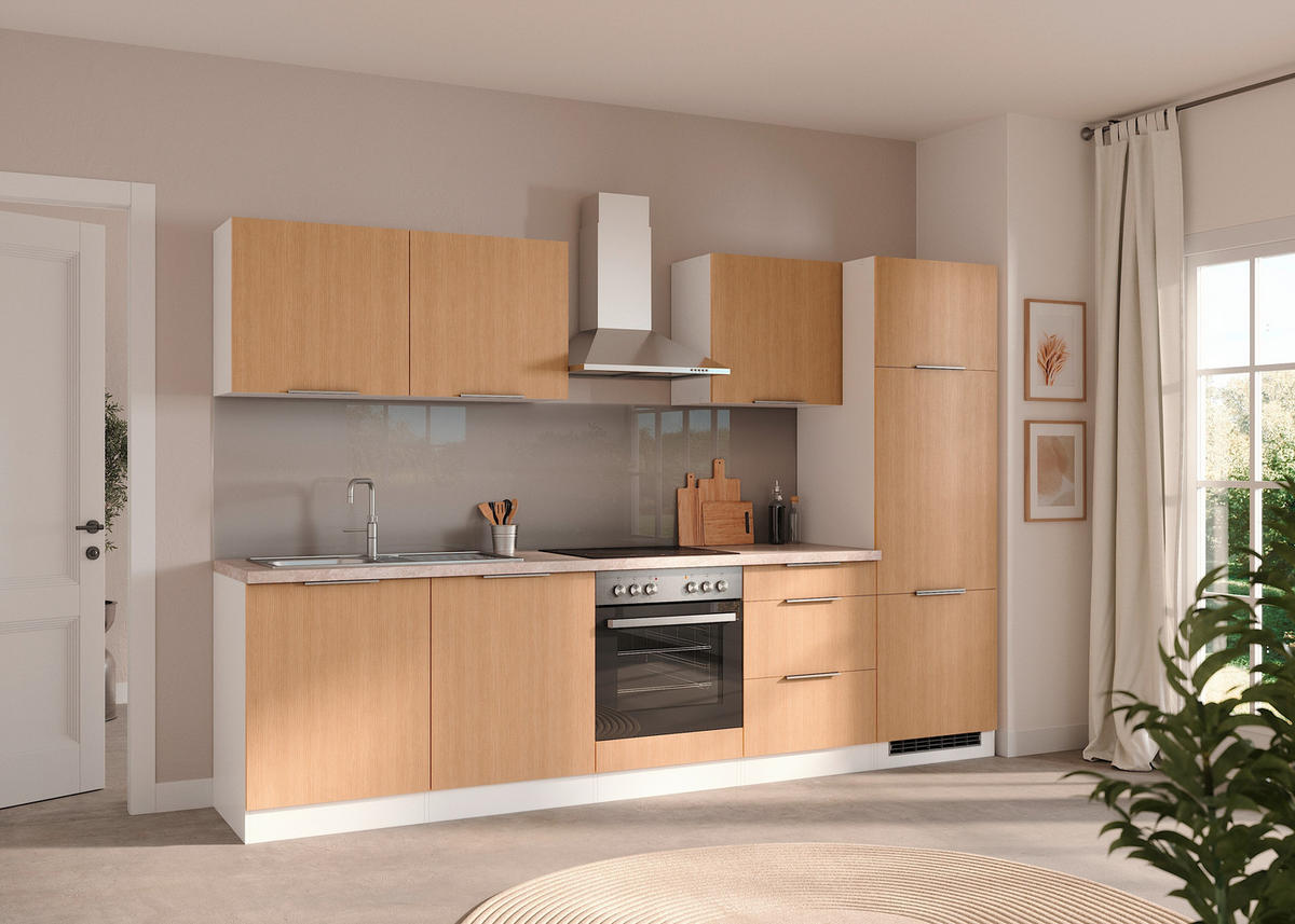 KÜCHENBLOCK 300 cm   in Weiss, Eichefarben  - Weiss/Eichefarben, Lifestyle, Holzwerkstoff/Metall (300cm) - Held