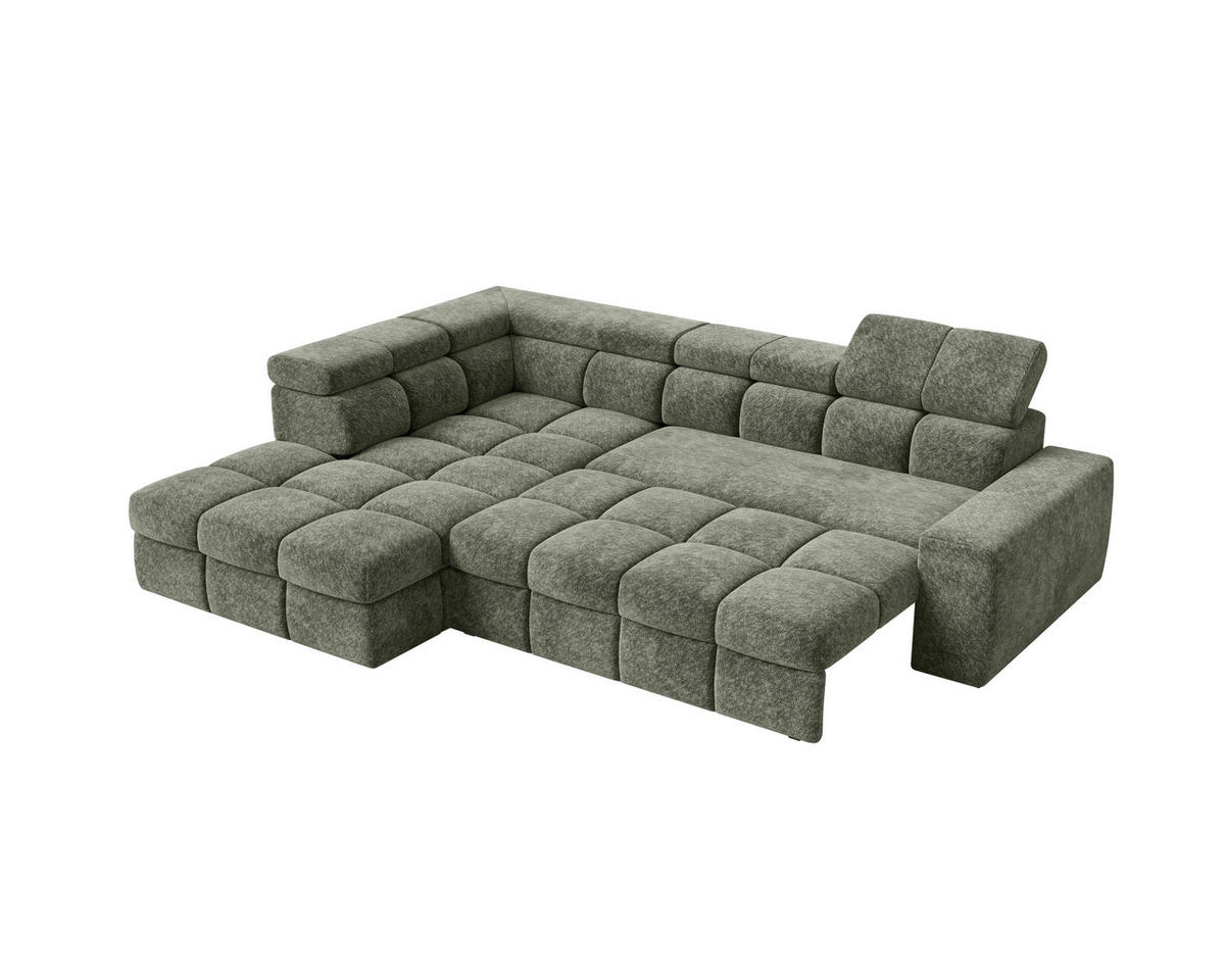 ECKSOFA Dunkelgrün Chenille Bettkasten, Schlaffunktion, Rücken echt, Kopfteilverstellung, Liegefläche im Originalstoff  - Dunkelgrün/Schwarz, MODERN, Kunststoff/Textil (204/292cm) - Milino