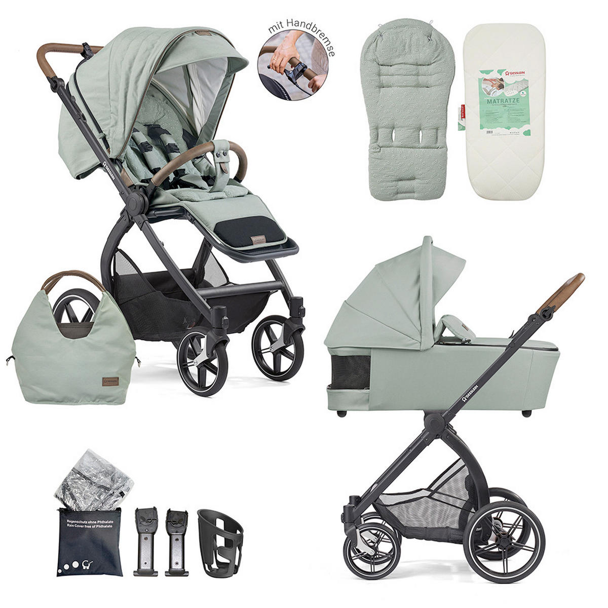 KOMBIKINDERWAGEN  FX4 Swing/Lyx Set  Mint  - Mintgrün, Basics, Metall (100/55/130cm) - Gesslein