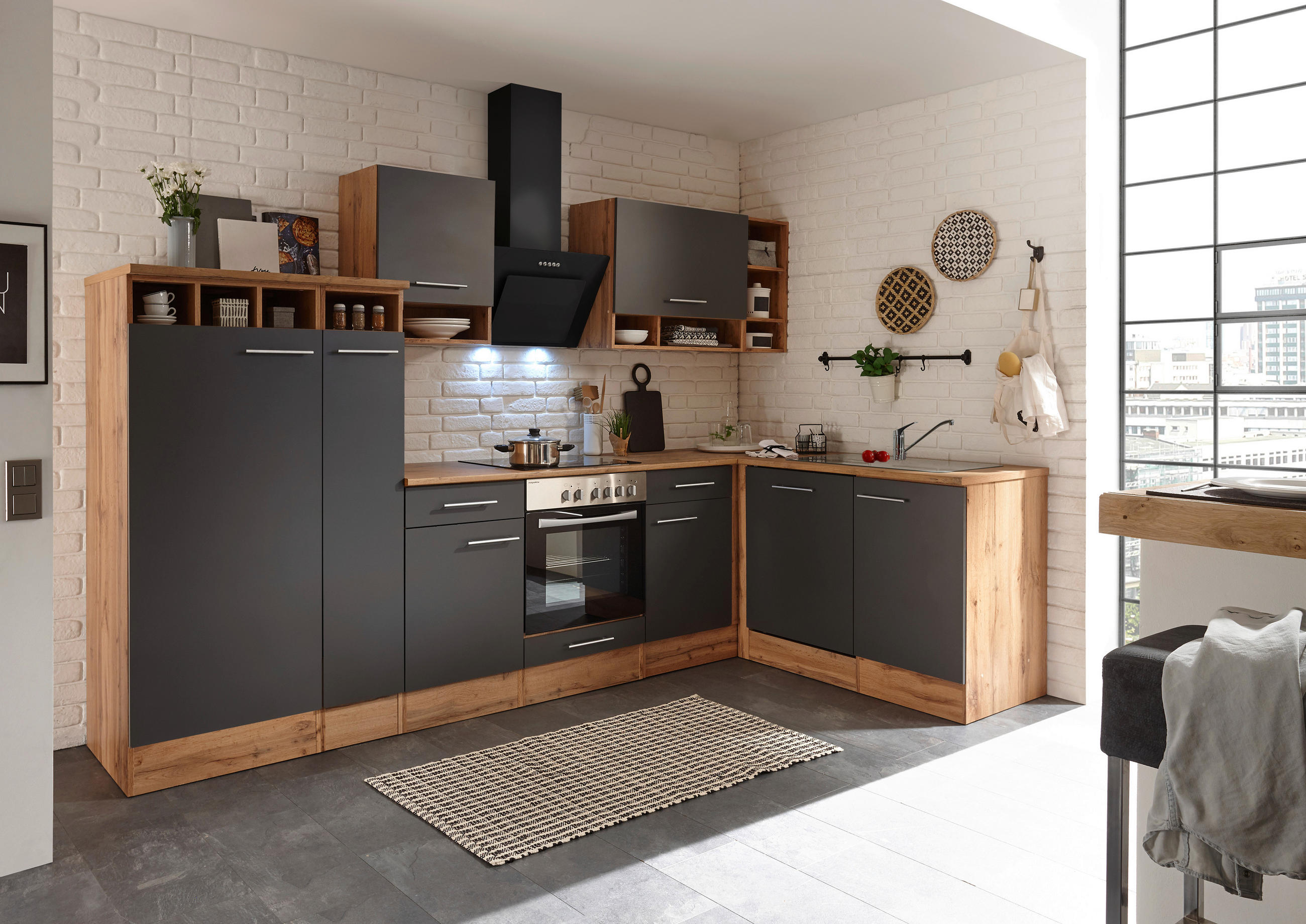 ECKKÜCHE 310/172 cm  in Grau, Wildeiche  - Wildeiche/Alufarben, Basics, Holzwerkstoff/Metall (310/172cm) - Respekta