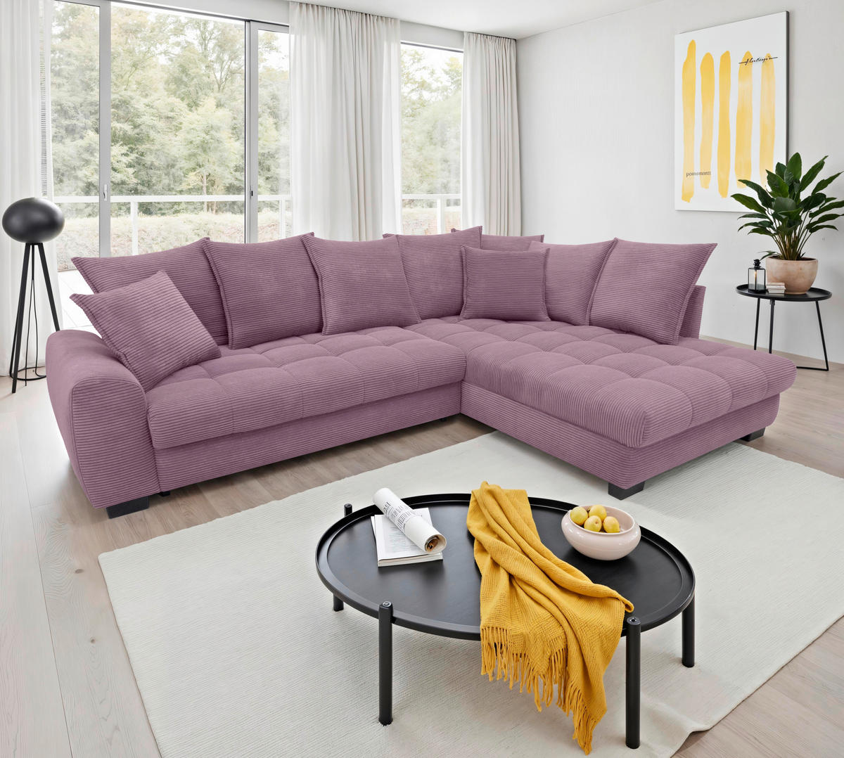 ECKSOFA Lila Cord Rückenkissen, Armlehnenkissen, Bettkasten, Schlaffunktion, Rücken echt, Liegefläche im Originalstoff  - Lila/Schwarz, KONVENTIONELL, Kunststoff/Textil (304/212cm) - Carryhome