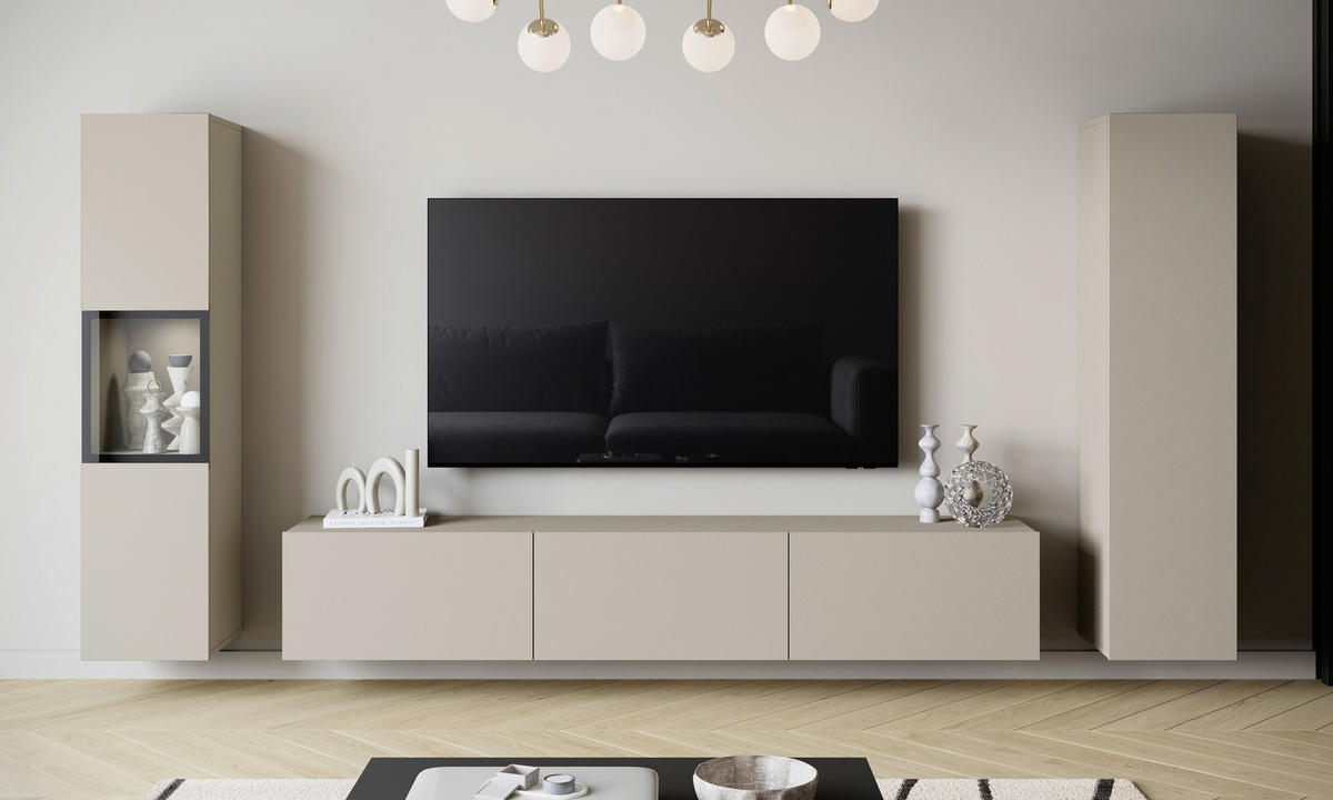 WOHNWAND Berlin 3-teilig  in Kaschmir  240/130/31 cm   - Kaschmir/Grau, Design, Glas/Holzwerkstoff (240/130/31cm) - P & B