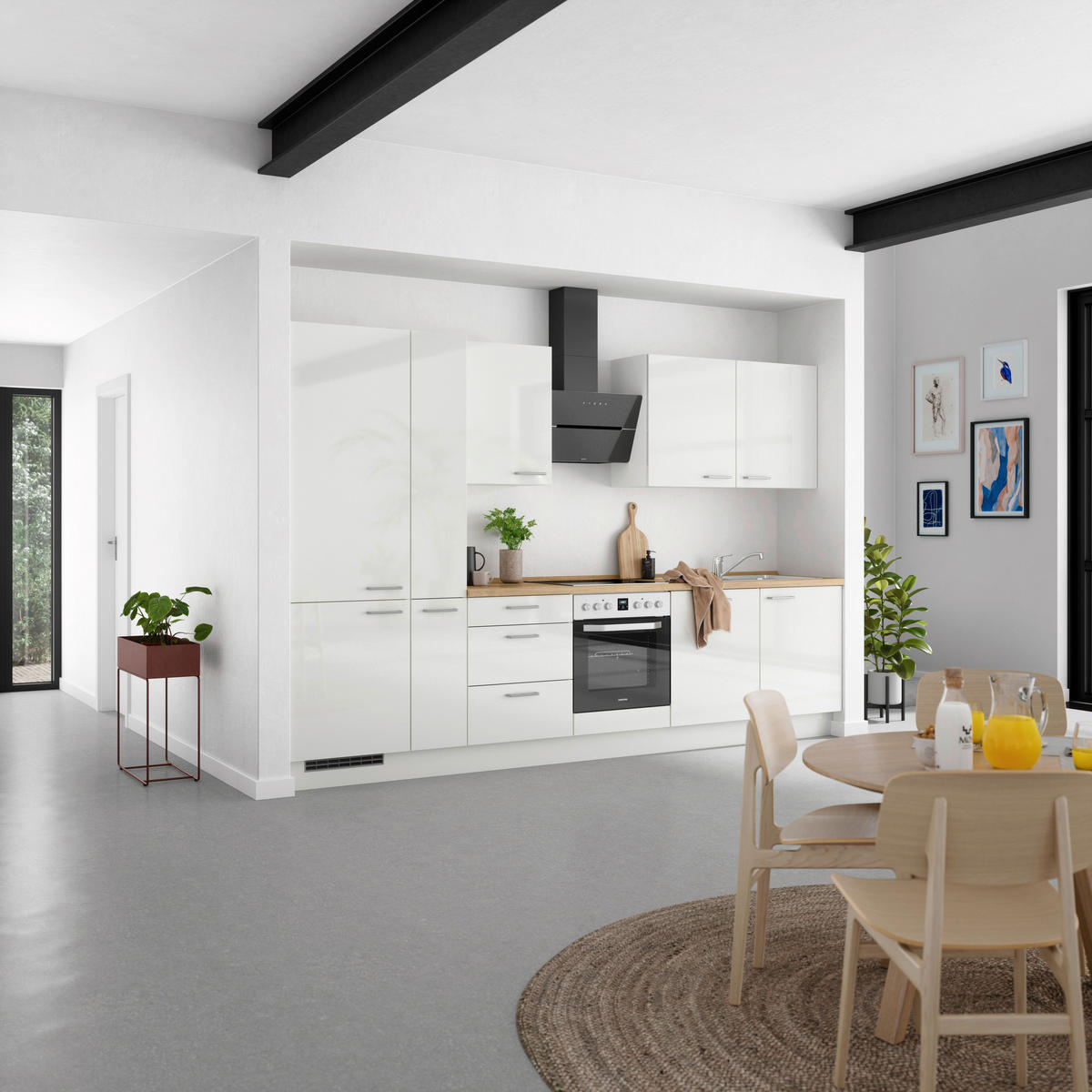 KÜCHENLEERBLOCK 330 cm   in Eichefarben, Weiß Hochglanz  - Edelstahlfarben/Eichefarben, MODERN, Holzwerkstoff/Metall (330cm) - Nobilia