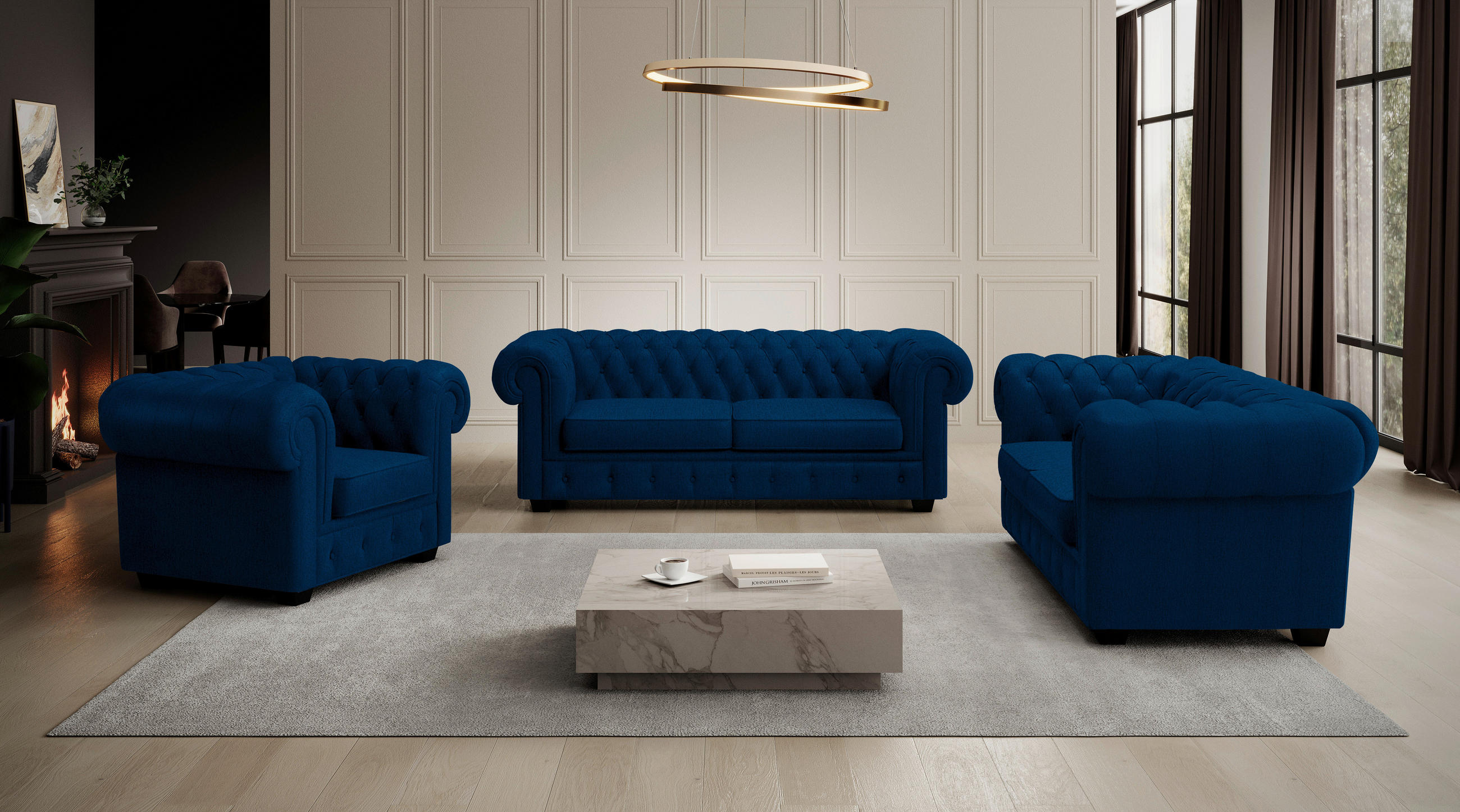 CHESTERFIELD-SOFA in Webstoff Blau  - Wengefarben/Blau, Lifestyle, Holz/Textil (206/76,5/96cm) - Landscape