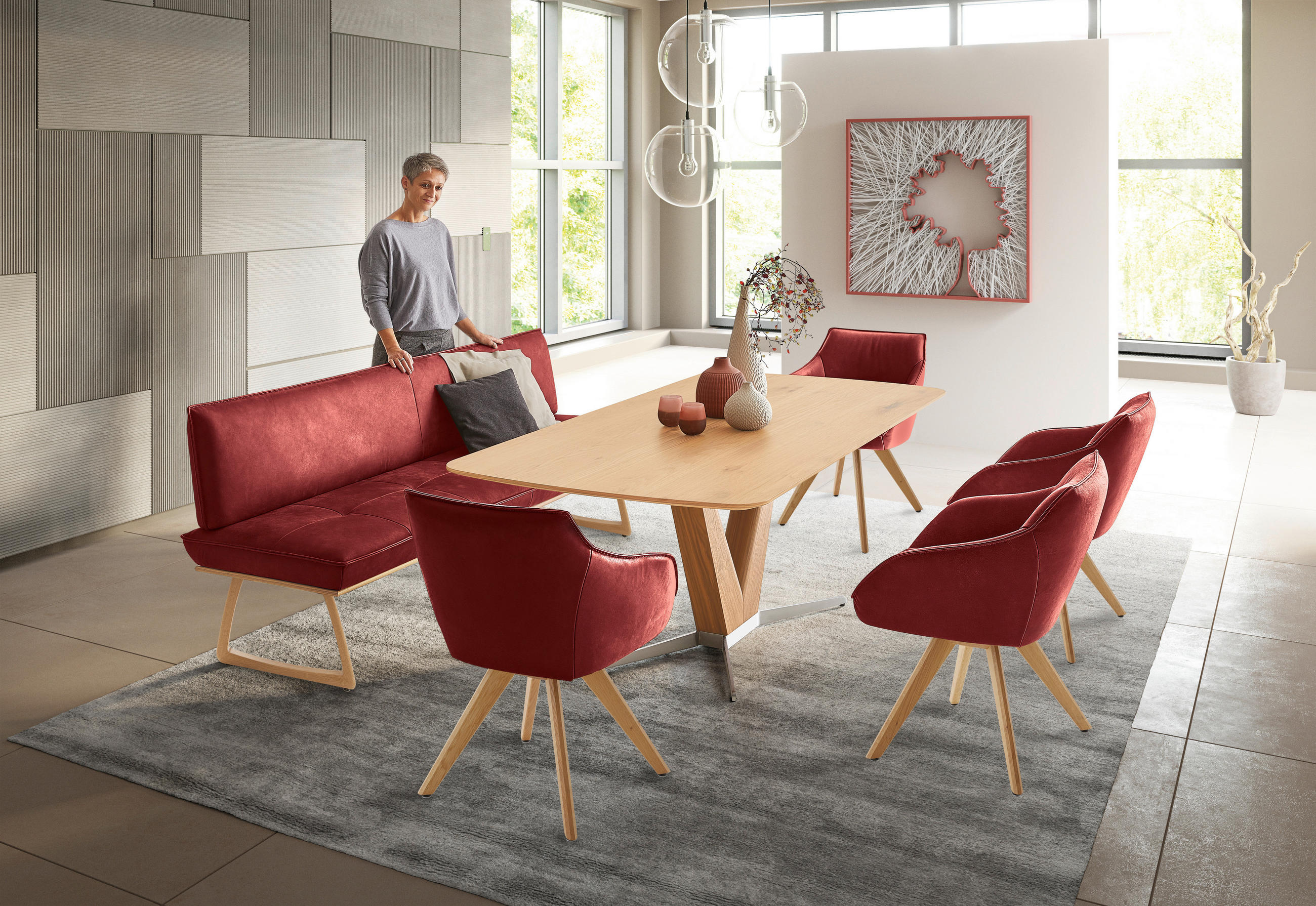SITZBANK 214/88/66 cm  in Rot, Wildeiche  - Wildeiche/Eichefarben, Design, Leder/Holz (214/88/66cm) - Koinor