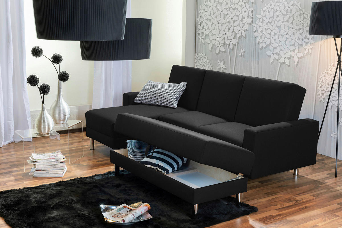 ECKSCHLAFSOFA inkl. Hocker Schwarz Flachgewebe  - Chromfarben/Schwarz, KONVENTIONELL, Textil/Metall (152/230cm) - Max Winzer