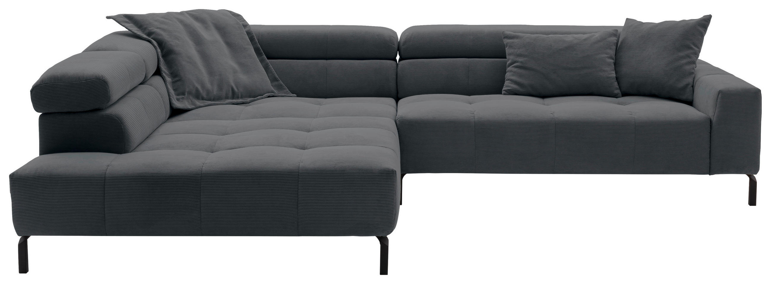 ECKSOFA Anthrazit Feincord Rücken echt, Kopfteilverstellung, Sitzvorzug  - Anthrazit/Schwarz, KONVENTIONELL, Textil/Metall (219/311cm) - Hom`in