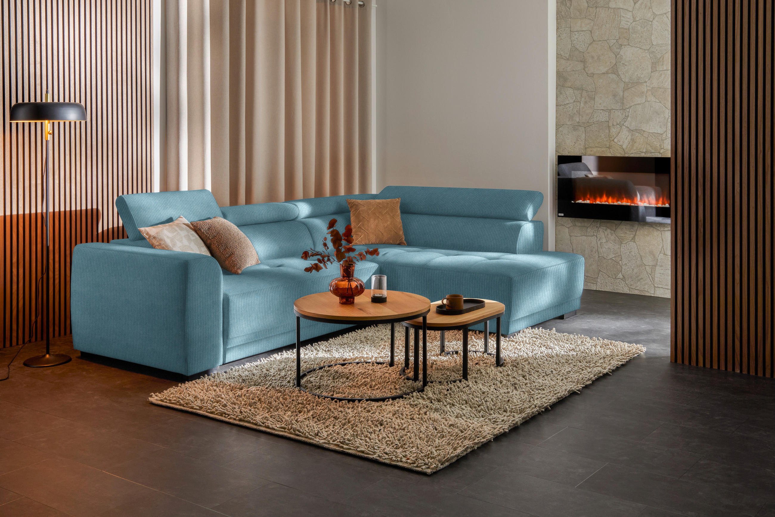ECKSOFA in Feincord Türkis  - Türkis/Schwarz, Design, Kunststoff/Textil (284/205cm) - MID.YOU