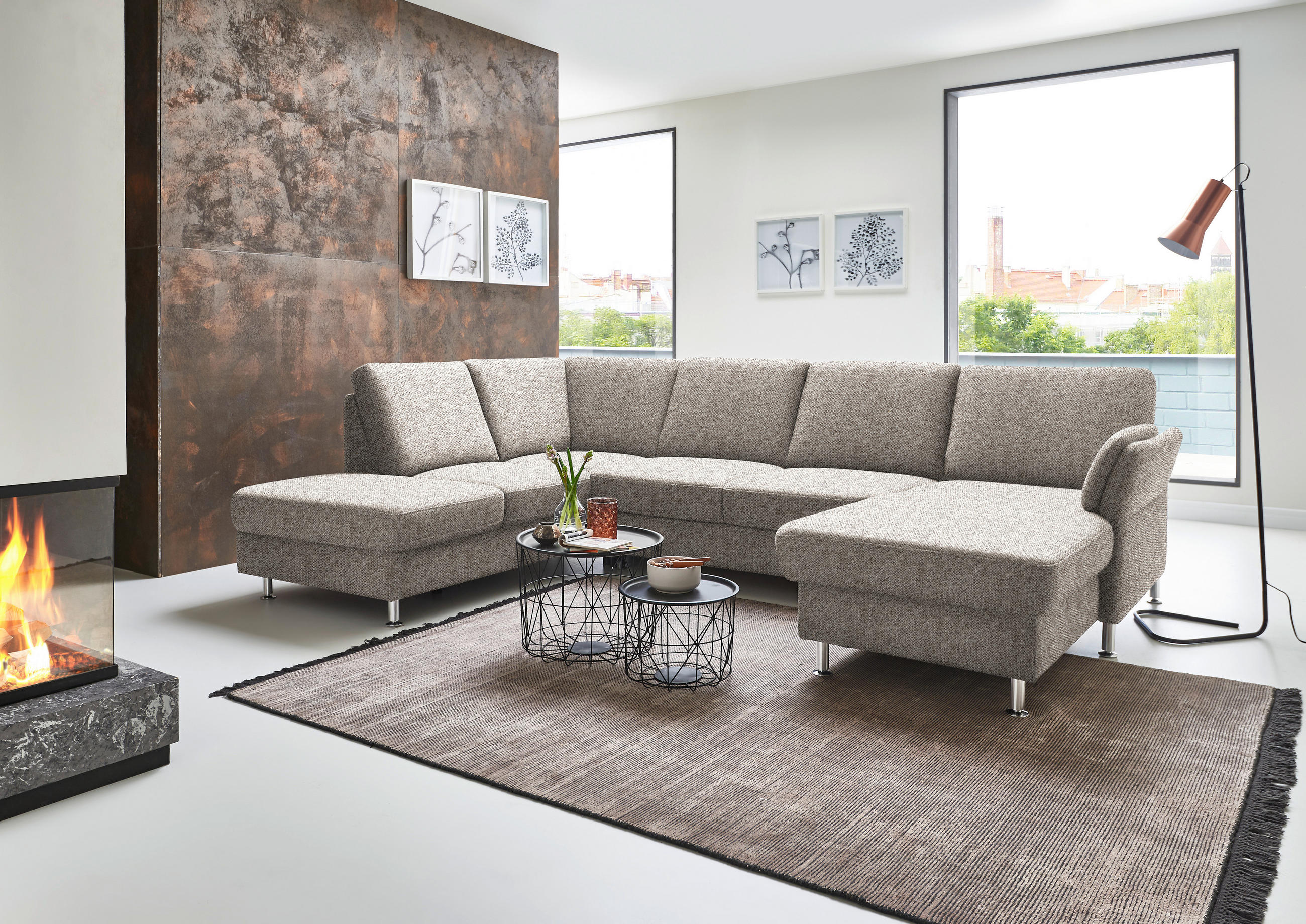 WOHNLANDSCHAFT in Flachgewebe Graubraun  - Chromfarben/Graubraun, KONVENTIONELL, Textil/Metall (200/305/168cm) - Beldomo System