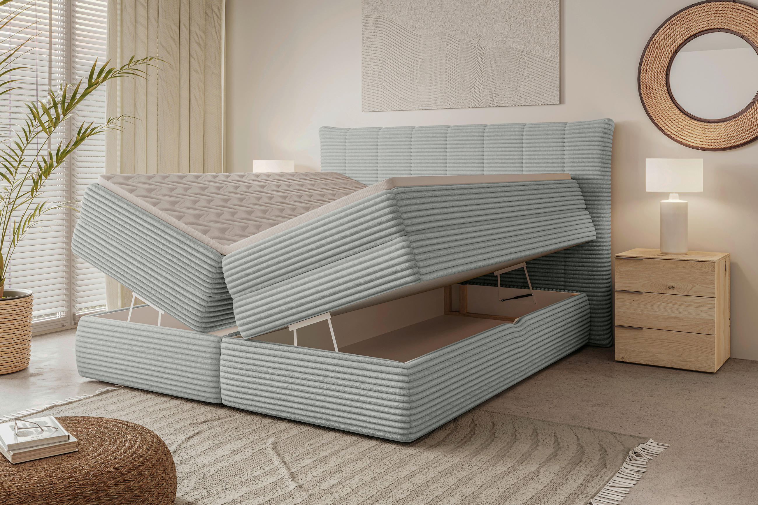 BOXSPRINGBETT 180/200 cm,  in Greige, gepolstertes Kopfteil, Bettkasten, Topper, Matratzen, H2 + H2 = mittel  - Greige/Schwarz, Design, Kunststoff/Textil (180/200cm) - Chameo