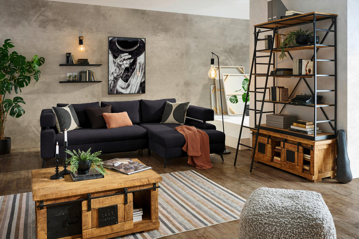 ECKSOFA in Chenille Schwarz  - Schwarz, KONVENTIONELL, Textil/Metall (265/184cm) - Hom`in