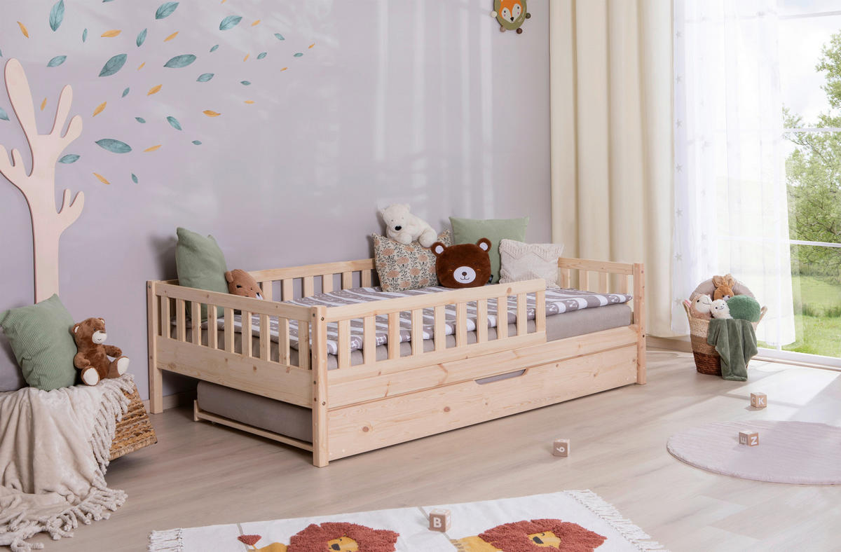 HAUSBETT 120/200 cm,  in Naturfarben, Absturzsicherung, Matratze, Rollrost, Bettkasten  - Weiß/Naturfarben, MODERN, Holz/Textil (120/200cm) - MID.YOU