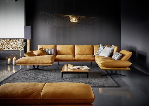 WOHNLANDSCHAFT Currygelb Echtleder  - Currygelb/Schwarz, Natur, Leder/Metall (155/359/217cm) - Dieter Knoll