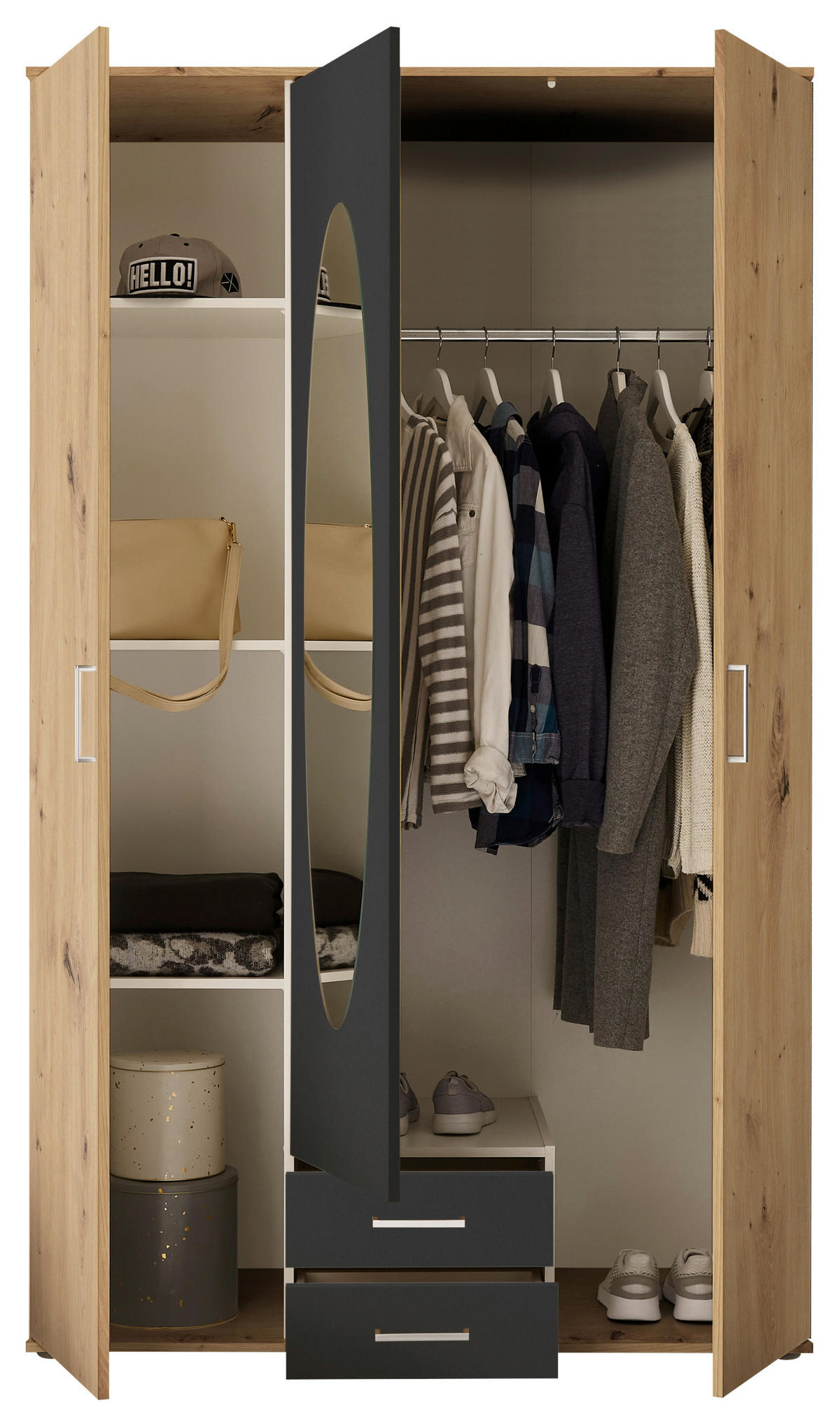 DREHTÜRENSCHRANK 120/195/55 cm,  in Graphitfarben, Eiche Artisan, 3-türig  - Graphitfarben/Alufarben, Basics, Glas/Holzwerkstoff (120/195/55cm) - P & B