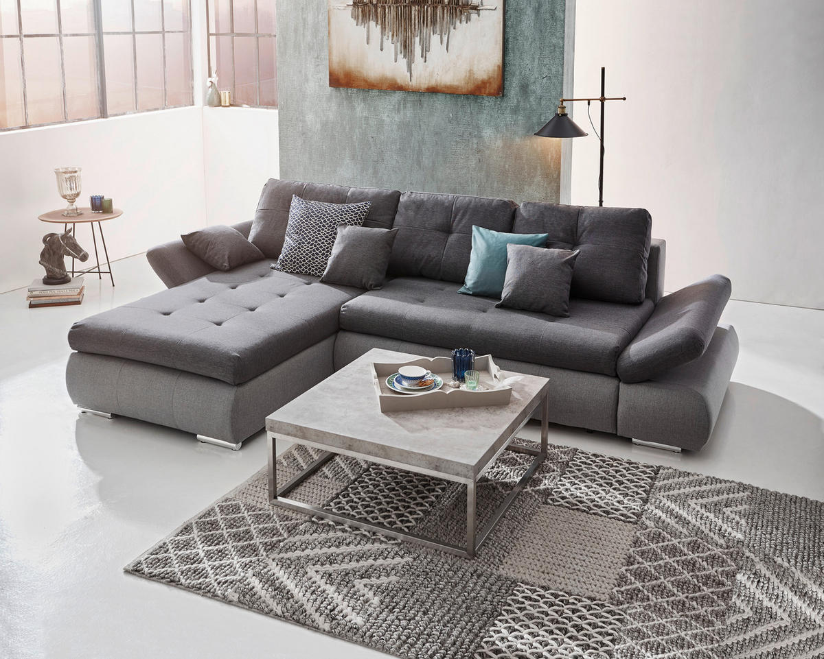 ECKSOFA Hellgrau, Grau Webstoff  - Chromfarben/Dunkelgrau, Design, Kunststoff/Textil (302/187cm) - Carryhome
