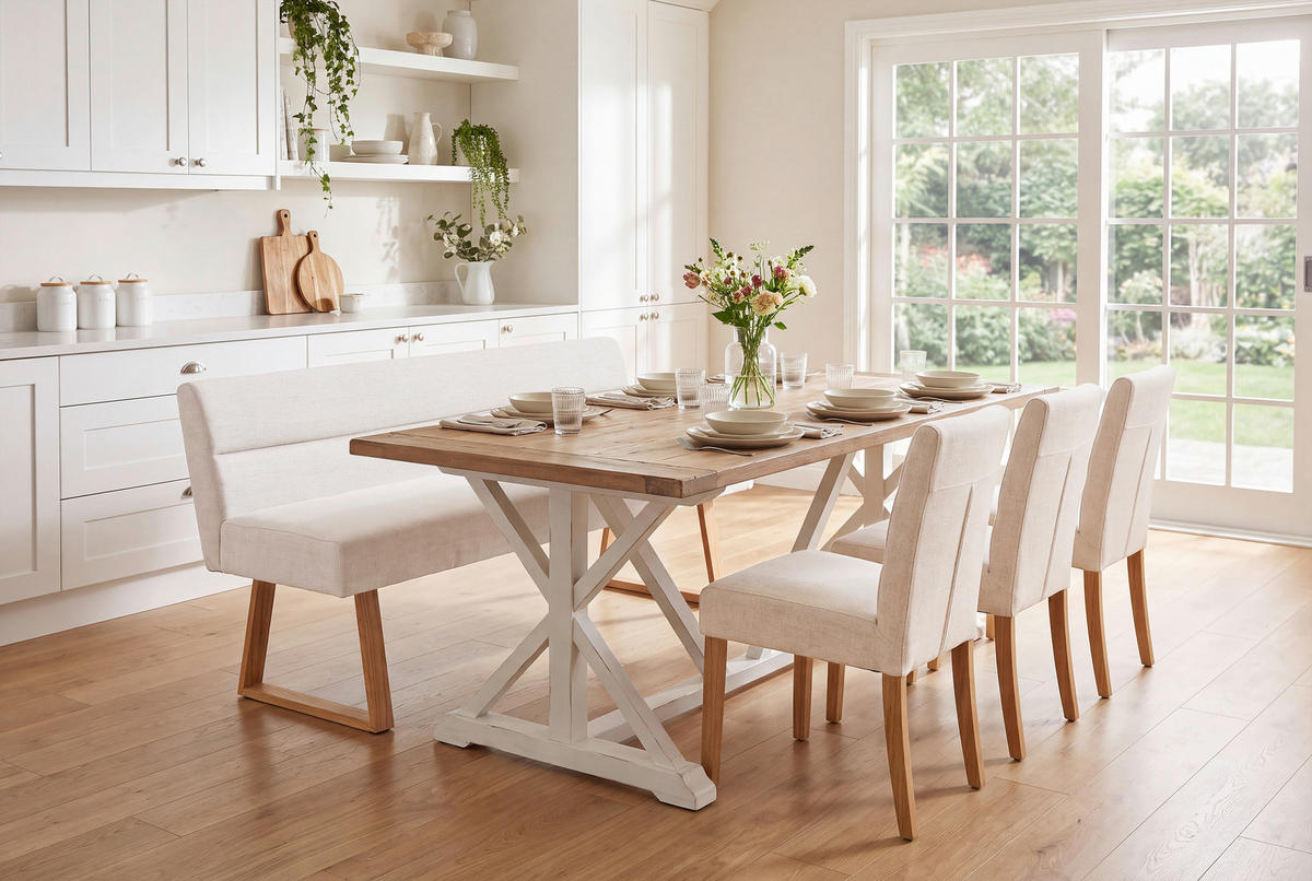 SITZBANK 180/82/61 cm Leinenoptik Eichefarben, Beige Eiche massiv  - Eichefarben/Beige, MODERN, Holz/Textil (180/82/61cm) - Livetastic