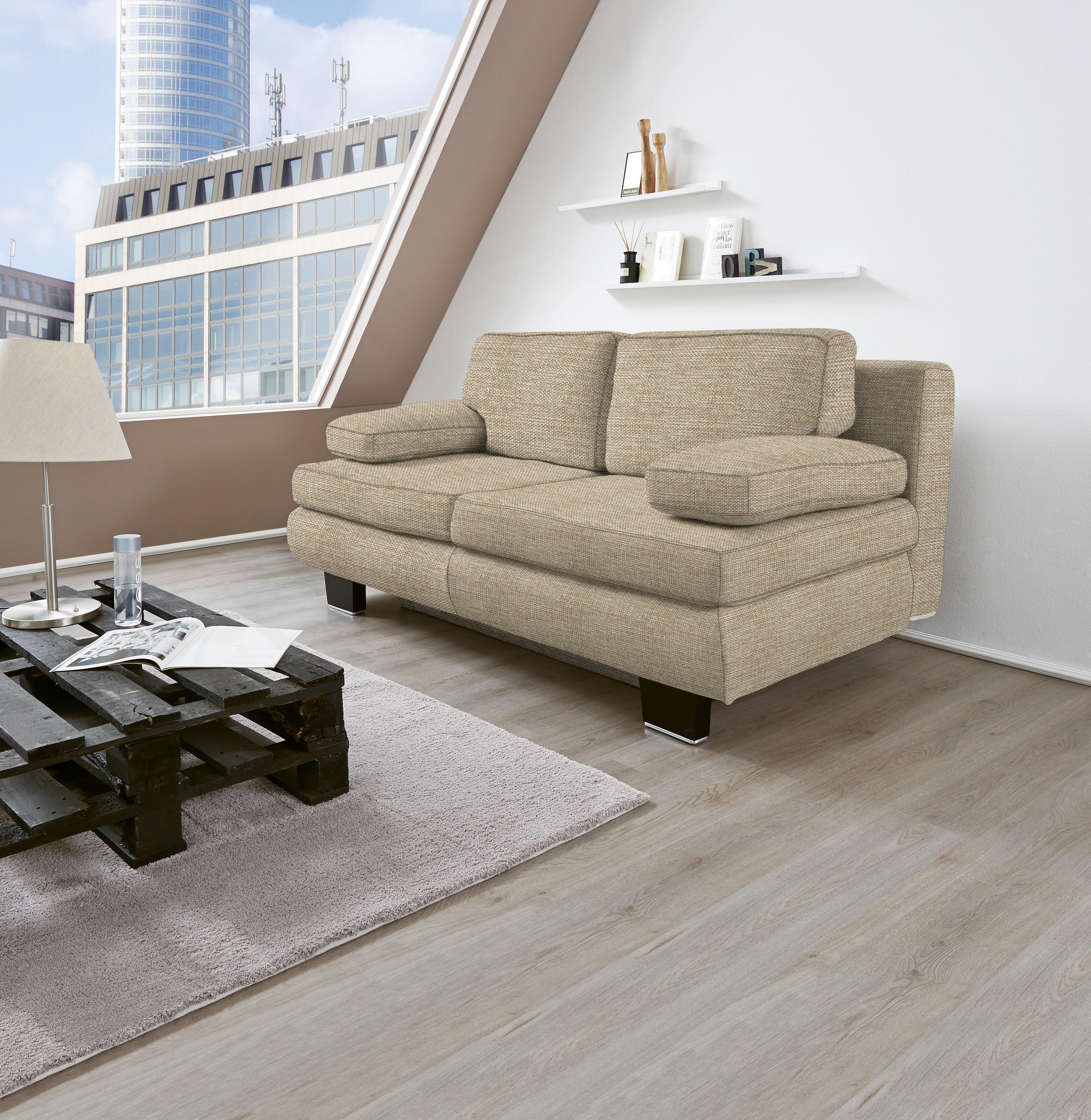 SCHLAFSOFA Macy  mit Fußauswahl, Stoffauswahl, Schlafen auf Sitzhöhe, Rücken echt Sandfarben  - Sandfarben/Wengefarben, Design, Holz/Textil (203/94/100cm) - Novel