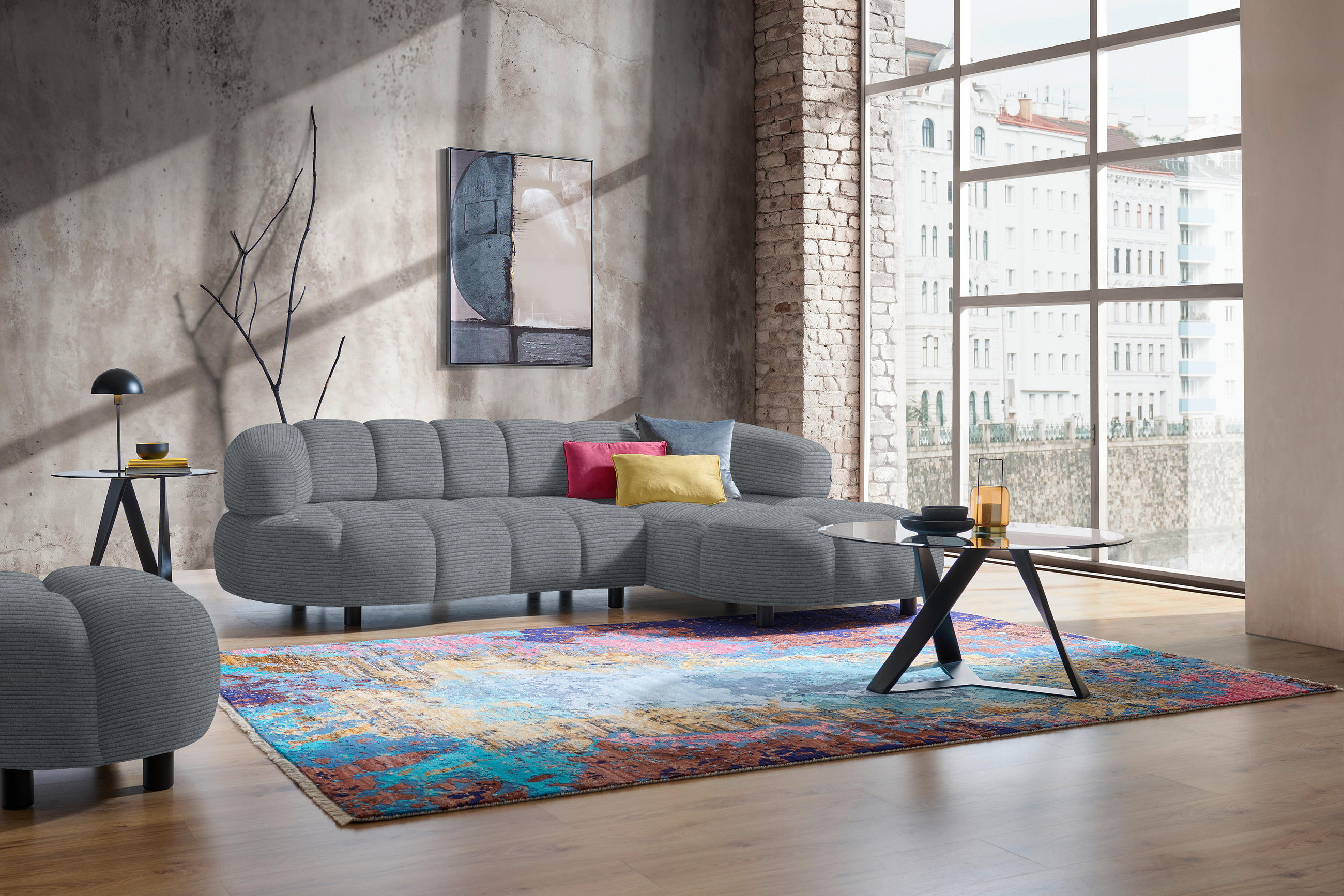 ECKSOFA in Cord, Velours Dunkelgrau  - Dunkelgrau/Schwarz, Design, Holz/Textil (284/183cm) - Welnova
