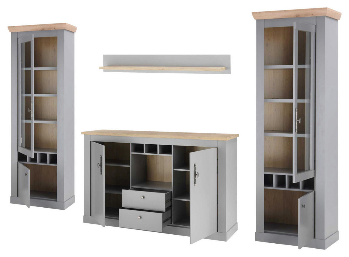 WOHNWAND 4-teilig  in Eichefarben, Hellgrau  328/201/44 cm  - Eichefarben/Silberfarben, Design, Holzwerkstoff/Metall (328/201/44cm) - MID.YOU